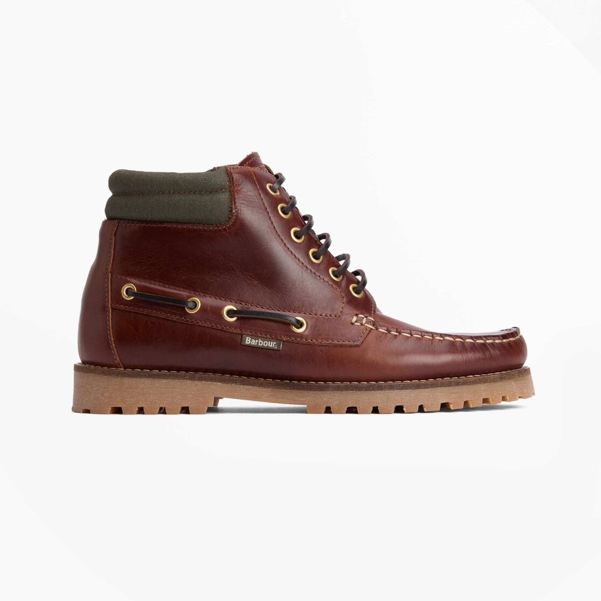 Barbour TILLER Mens Moccasin Boots Mahogany side view showing leather upper and lace-up design.