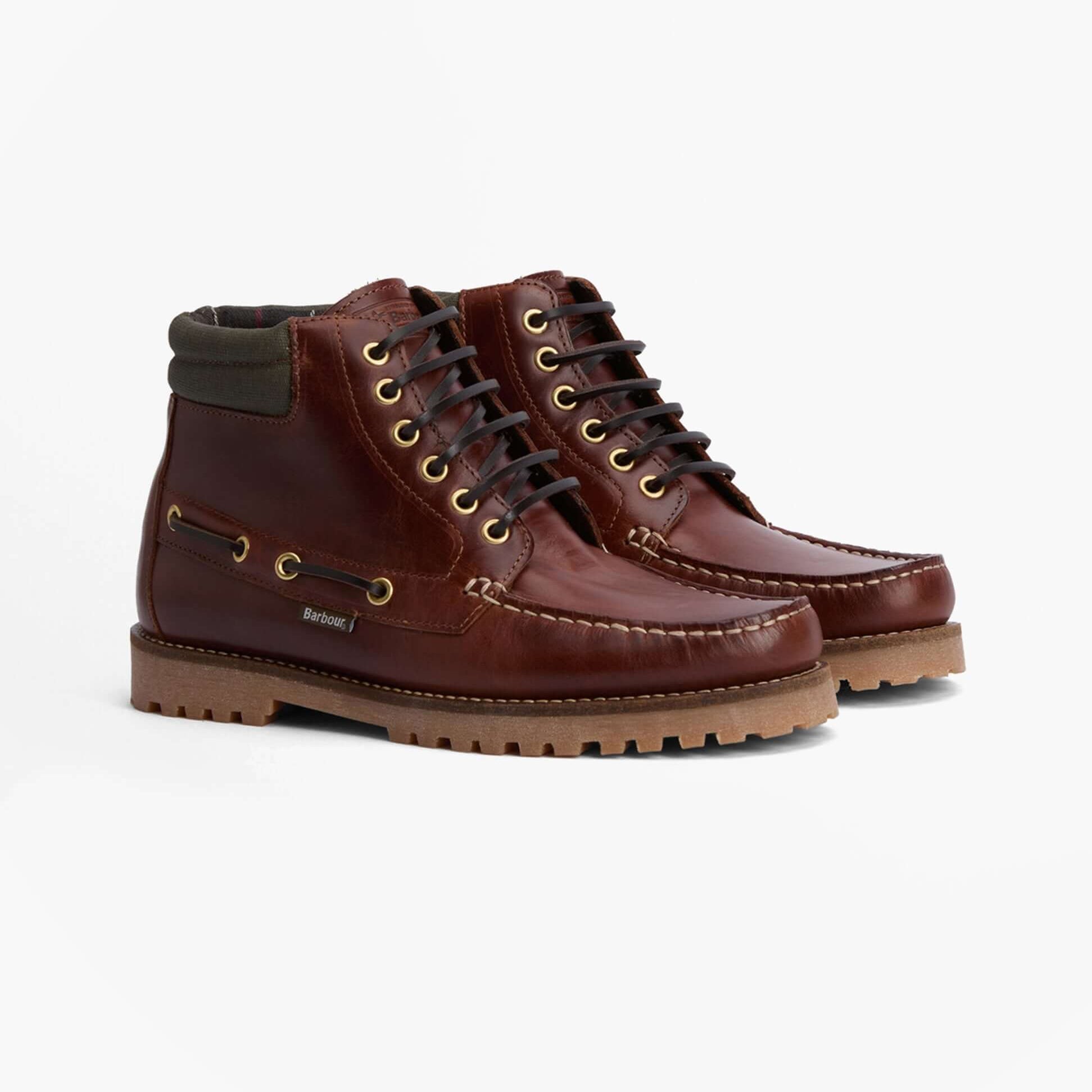Barbour TILLER Mens Moccasin Boots Mahogany side view showcasing leather upper and lace-up design.