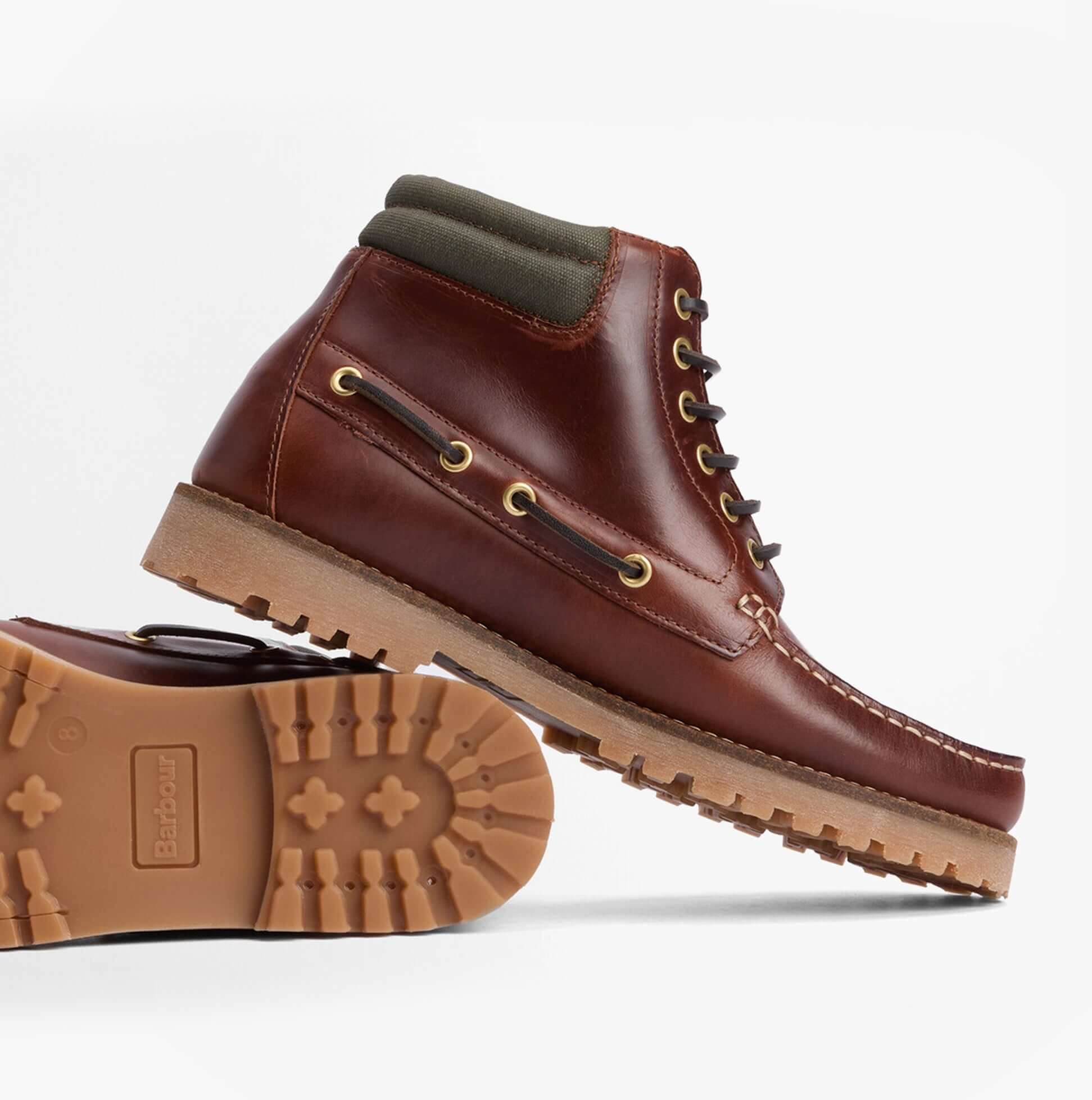 Barbour TILLER Mens Moccasin Boots Mahogany side view showcasing leather upper and rubber sole.