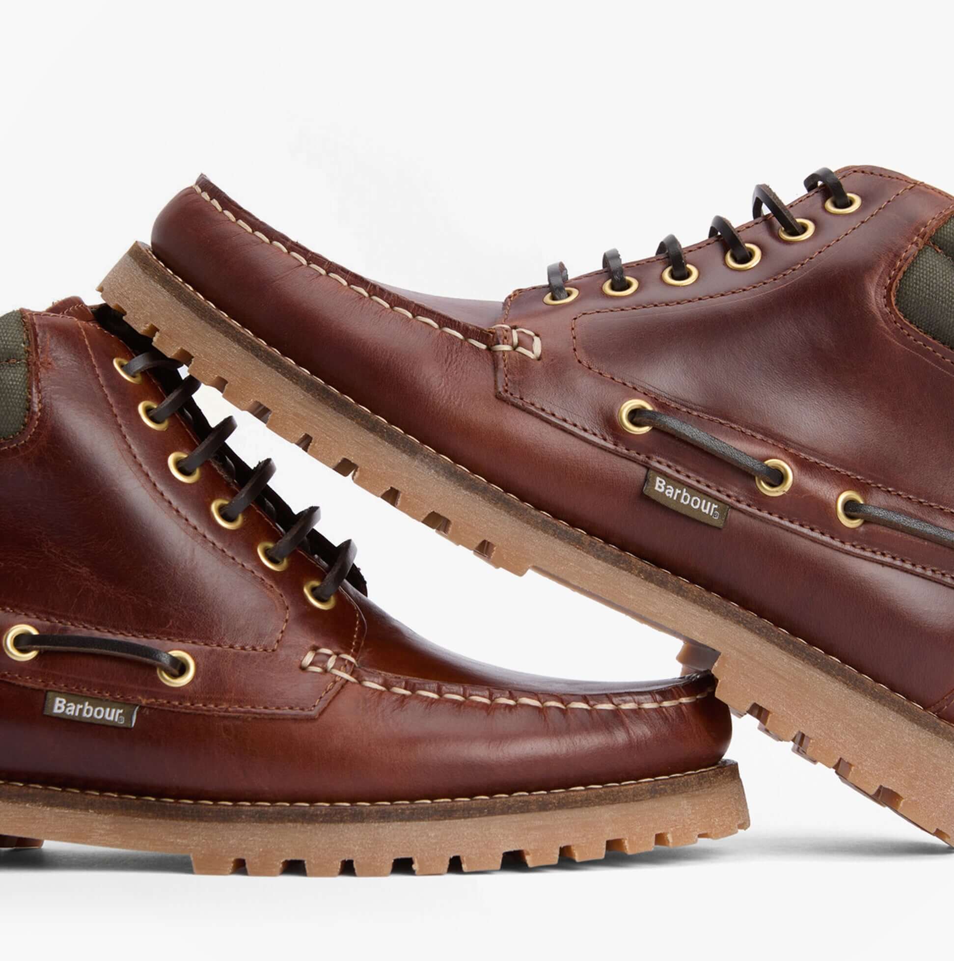 Barbour TILLER Mens Moccasin Boots Mahogany side view showcasing leather upper and rubber sole.