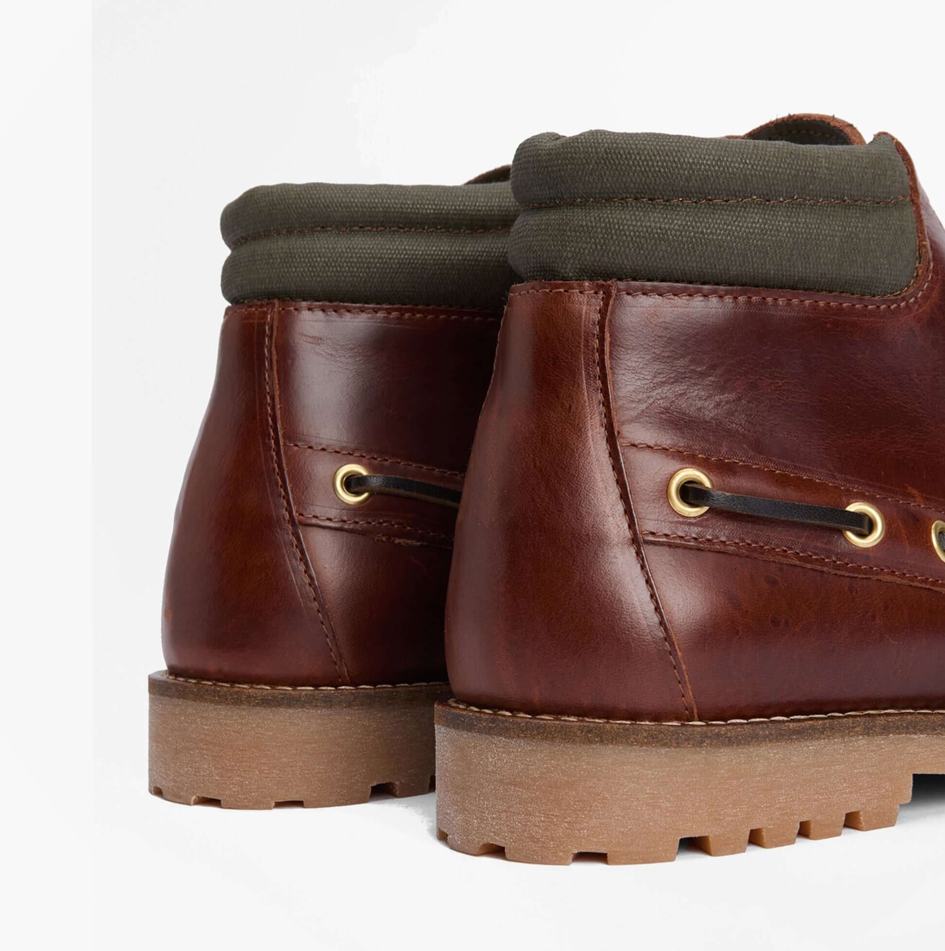 Barbour TILLER Mens Moccasin Boots Mahogany back view showing leather and cotton upper with rubber sole.