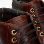 Barbour TILLER Mens Moccasin Boots Mahogany detail view of laces and leather upper showing brand label.