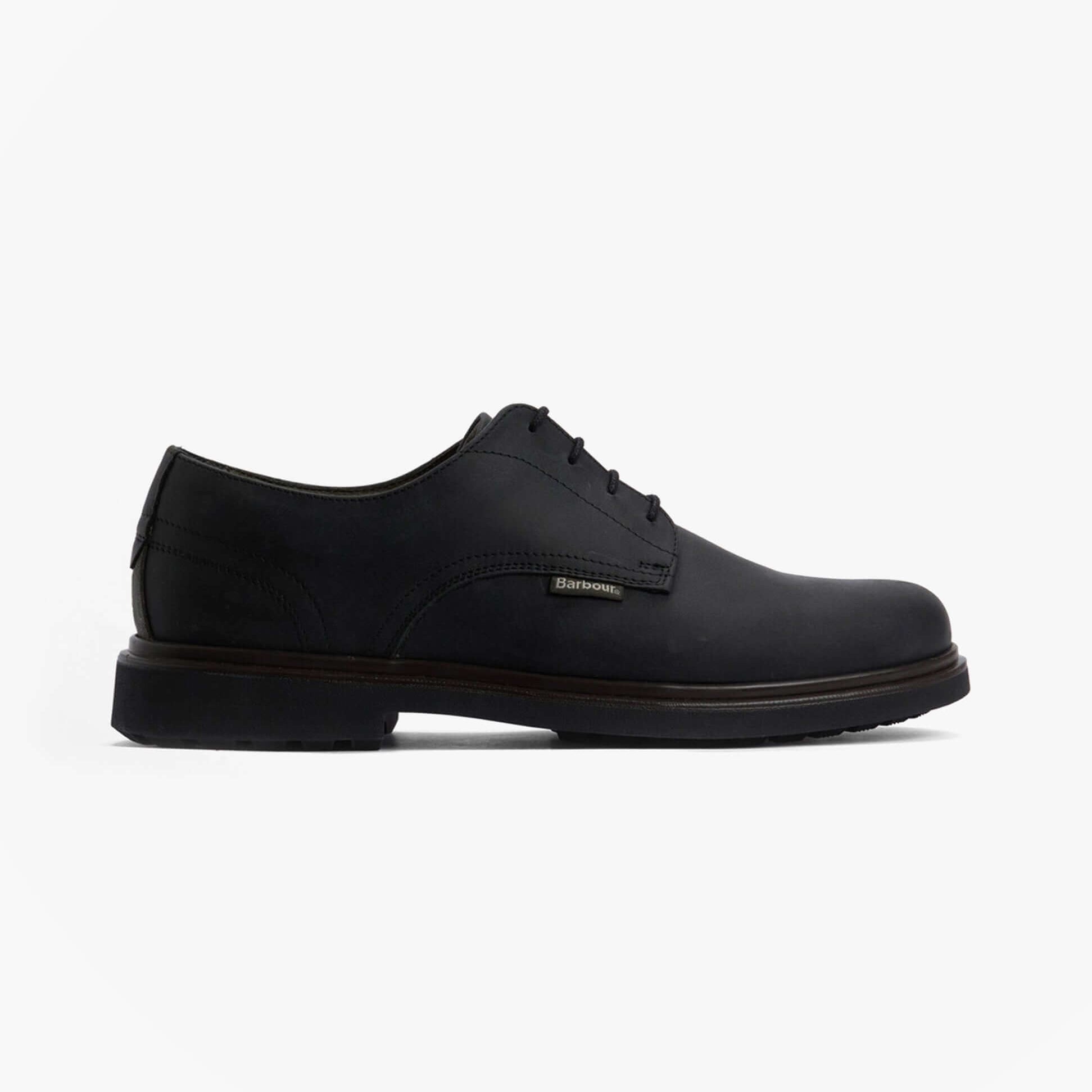 Barbour CARTHY Mens Derby Shoes Black side view showcasing leather upper and lace-up design.