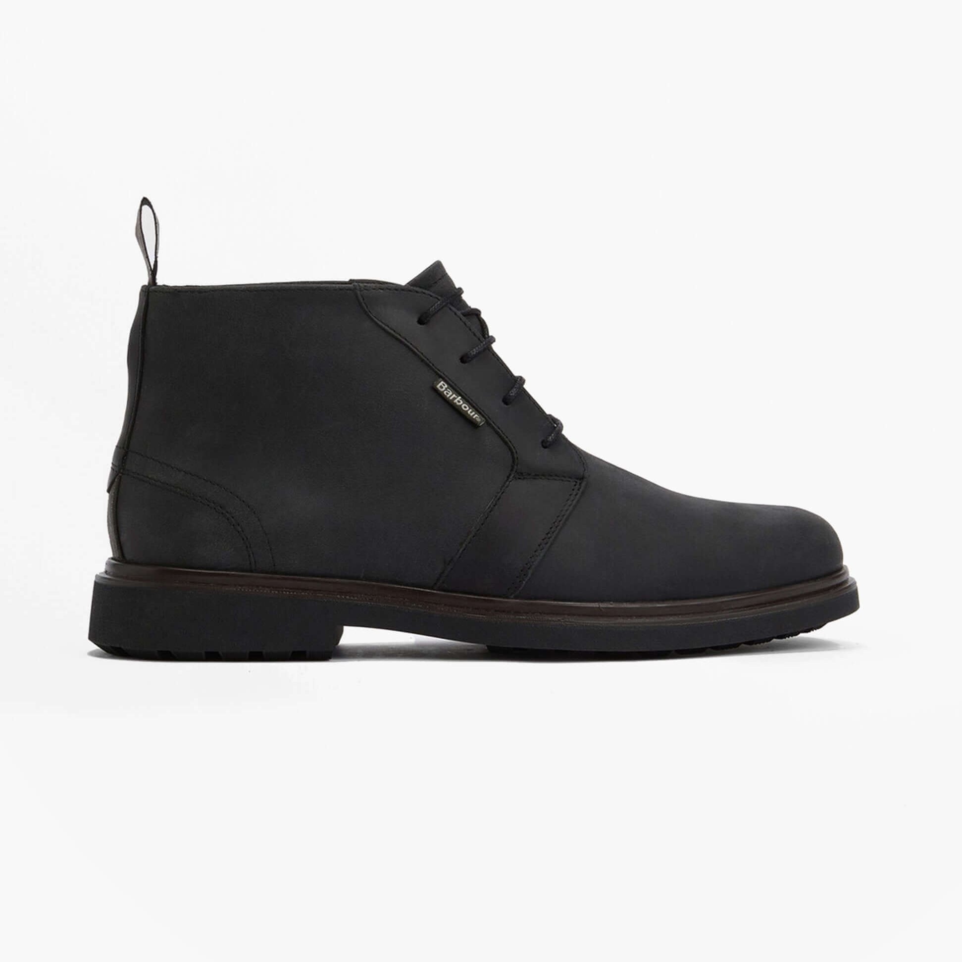 Barbour MEAYS Mens Chukka Boots Black side view showcasing leather upper and lace-up design.