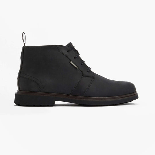 Barbour MEAYS Mens Chukka Boots Black side view showcasing leather upper and lace-up design.