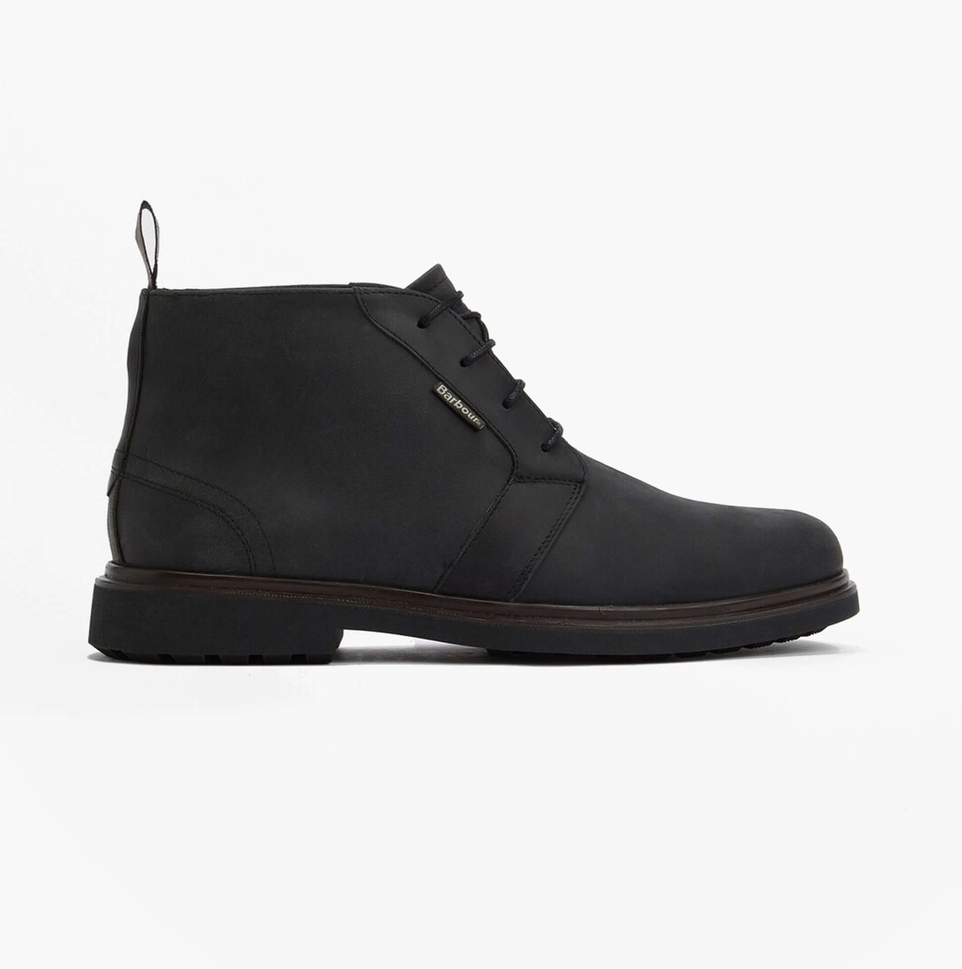 Barbour MEAYS Mens Chukka Boots Black side view showcasing leather upper and lace-up design.