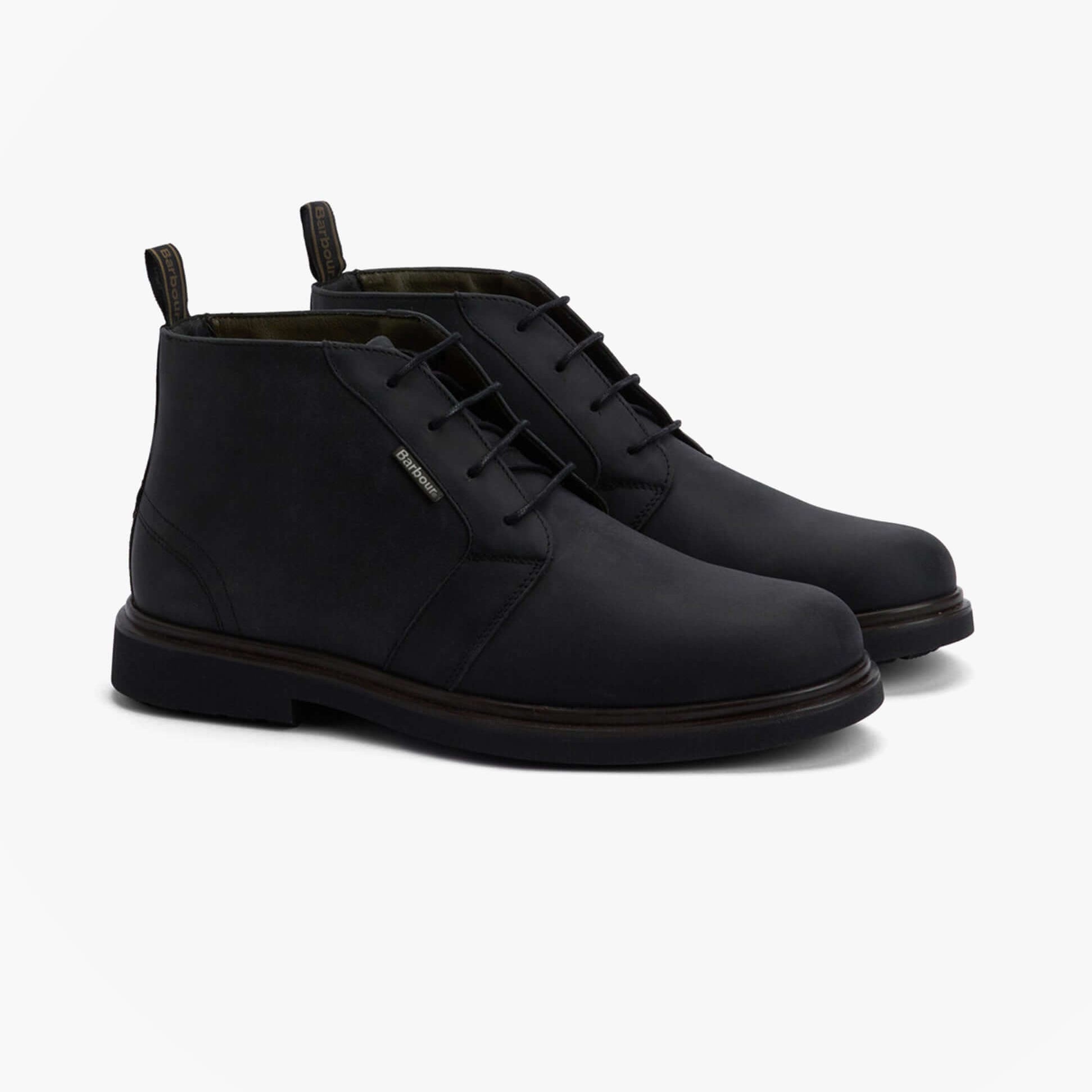 Barbour MEAYS Mens Chukka Boots Black side view showcasing leather upper and lace-up design.