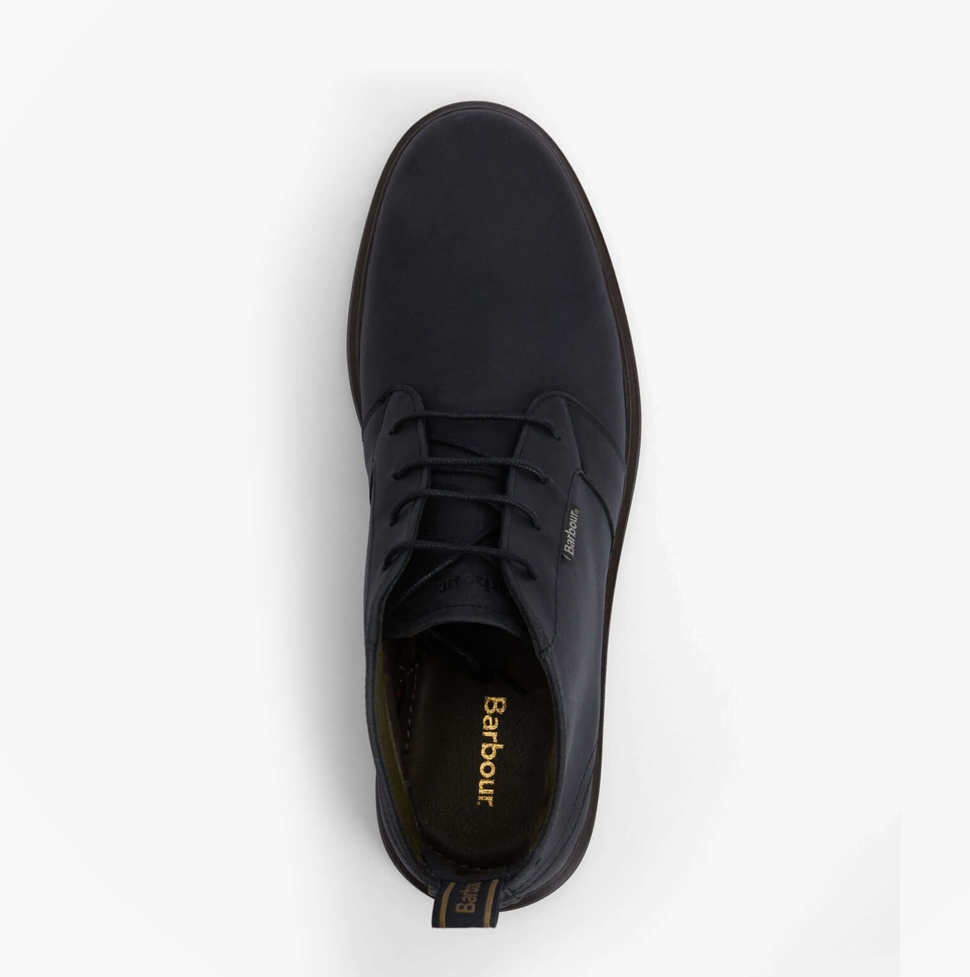 Barbour MEAYS Mens Chukka Boots Black top view showing lace-up design and comfortable leather upper.