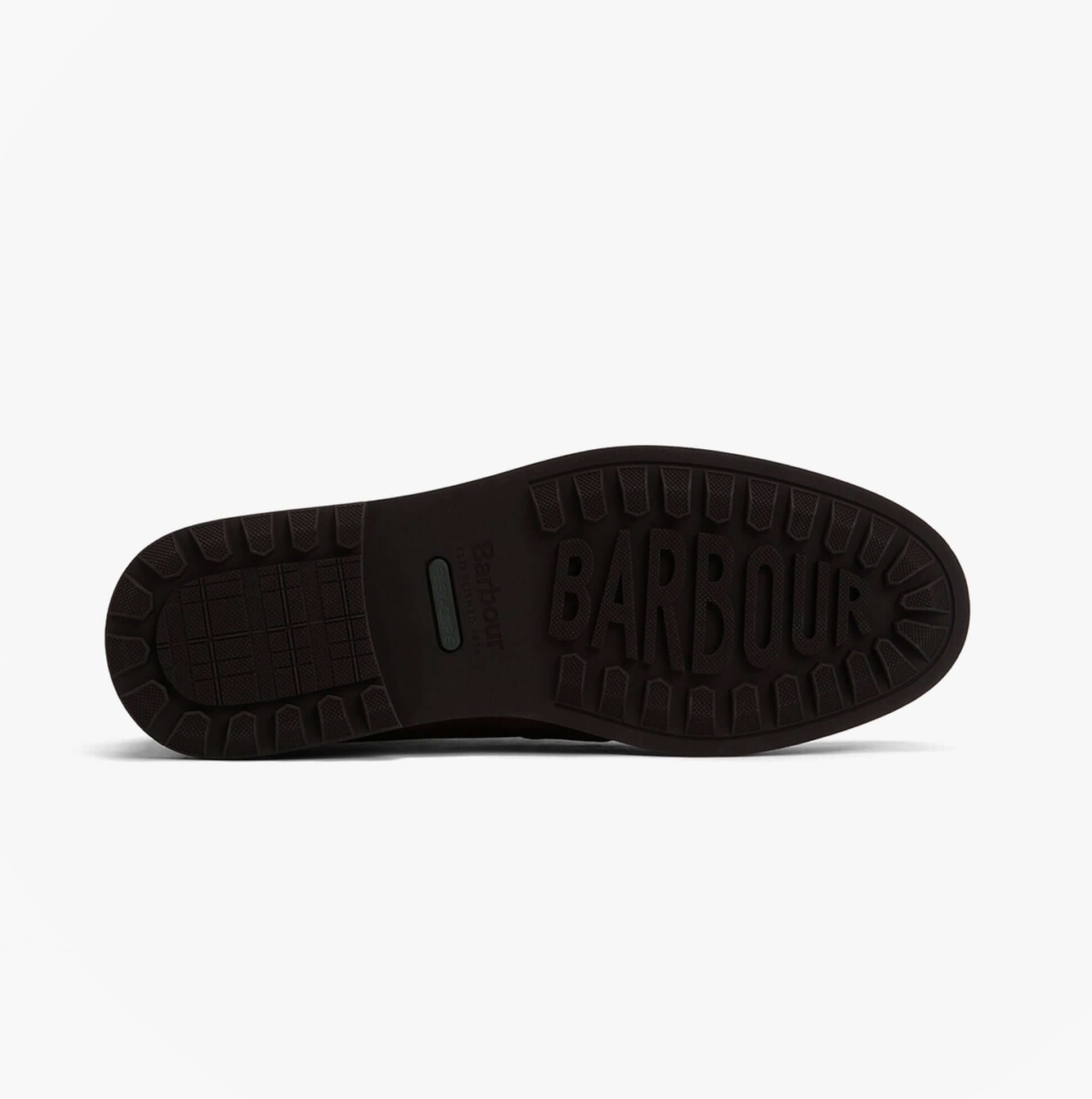 Barbour MEAYS Mens Chukka Boots Black bottom view showing rubber sole details.