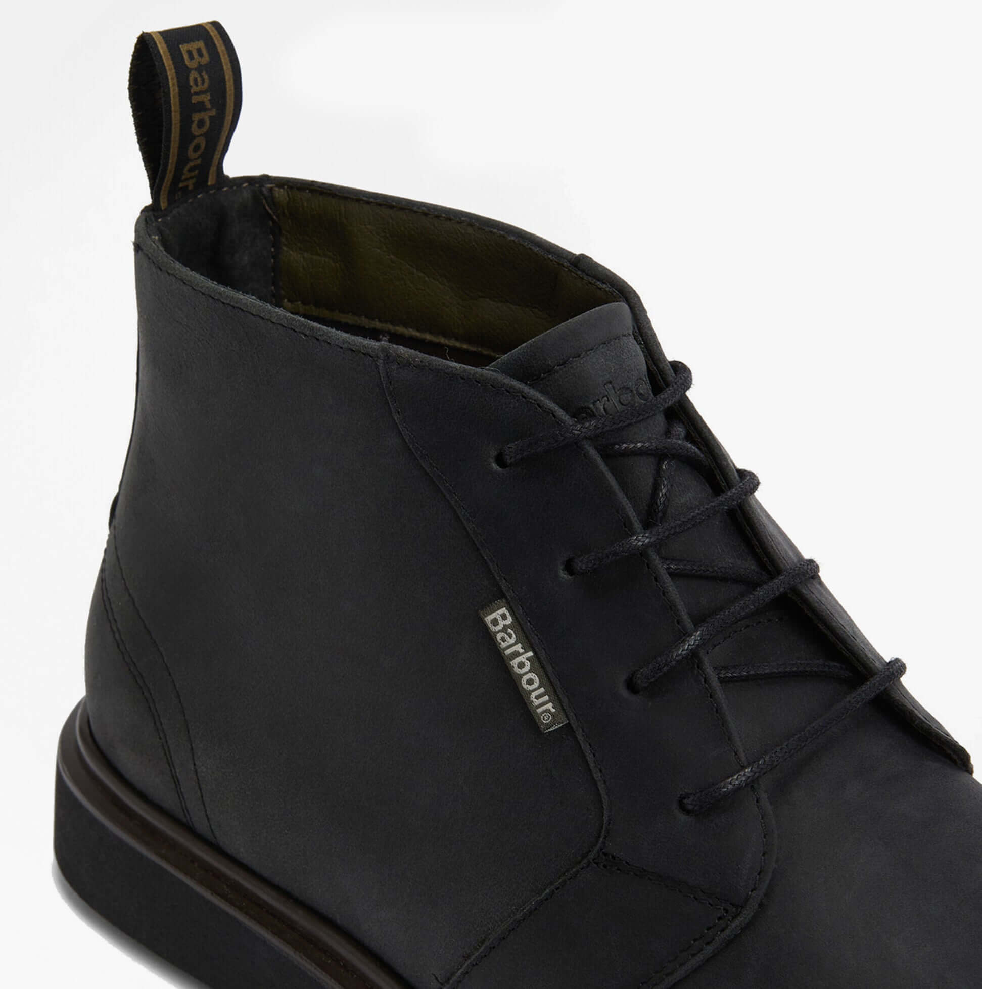 Barbour MEAYS Mens Chukka Boots Black detail view showing lace-up closure and rubber sole.