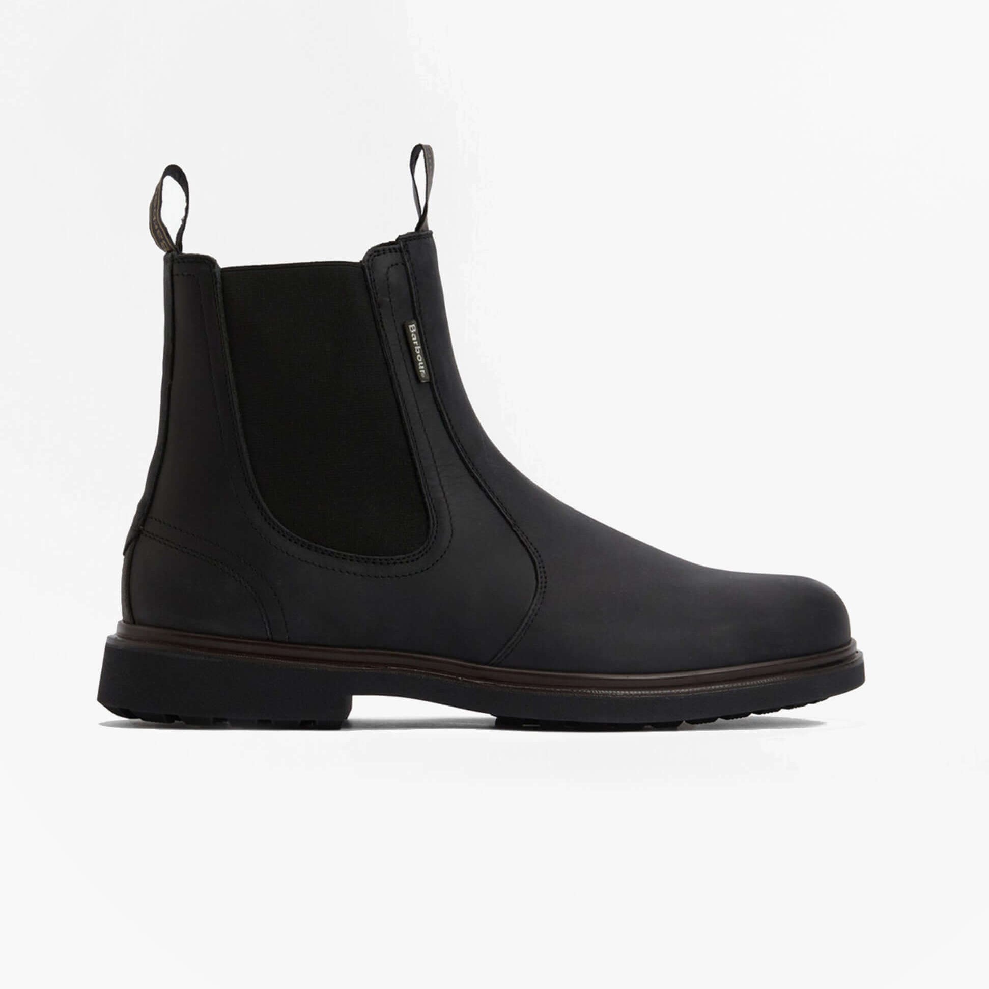 Barbour HALE Mens Chelsea Boots Black side view featuring leather upper and rubber sole.