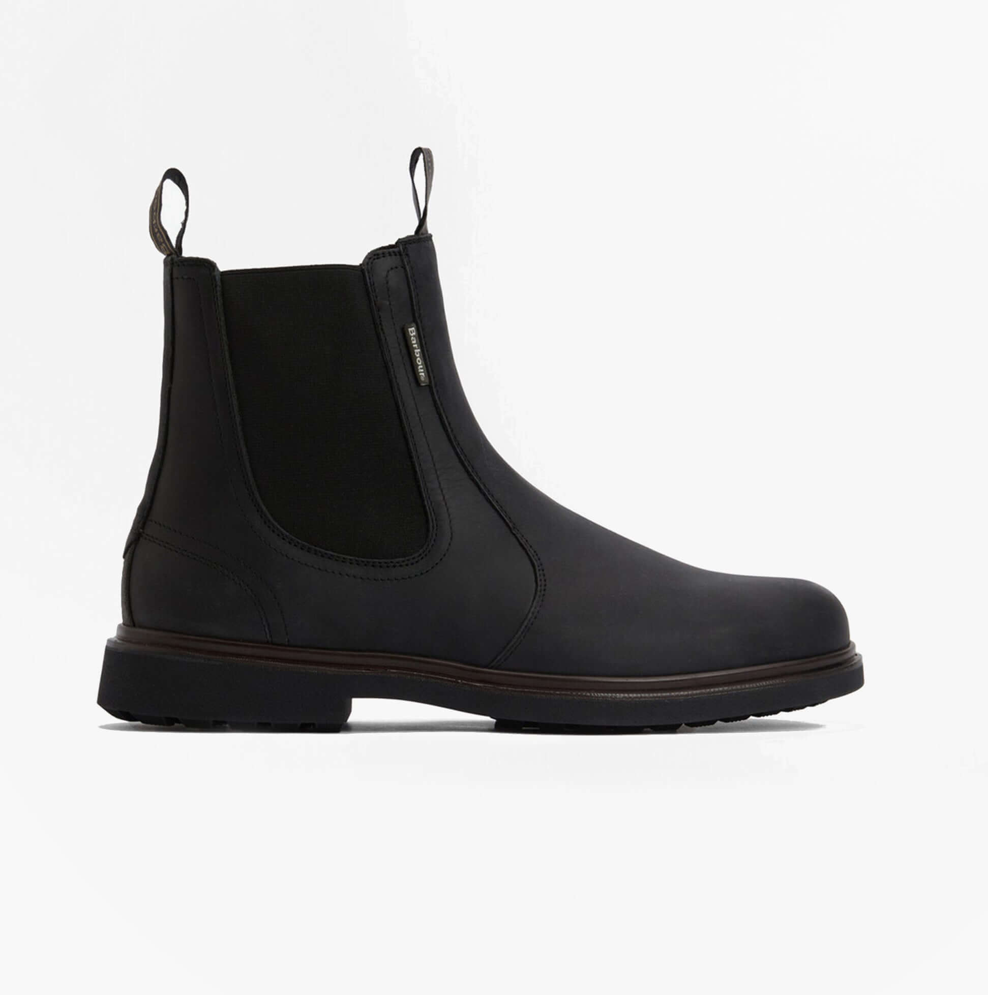 Barbour HALE Mens Chelsea Boots Black side view featuring leather upper and rubber sole.