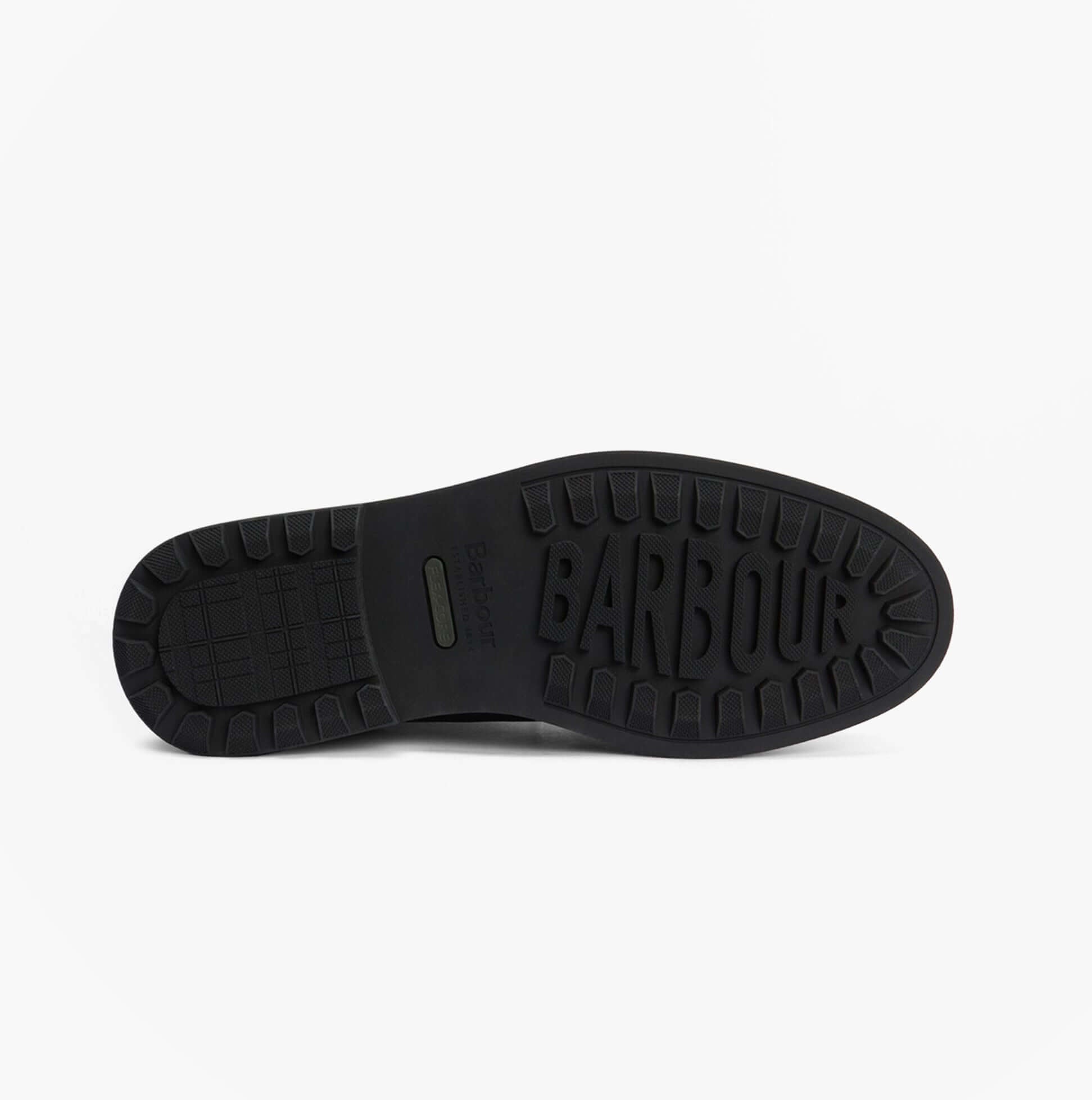 Barbour HALE Mens Chelsea Boots Black sole view with rubber material and brand logo embossed.