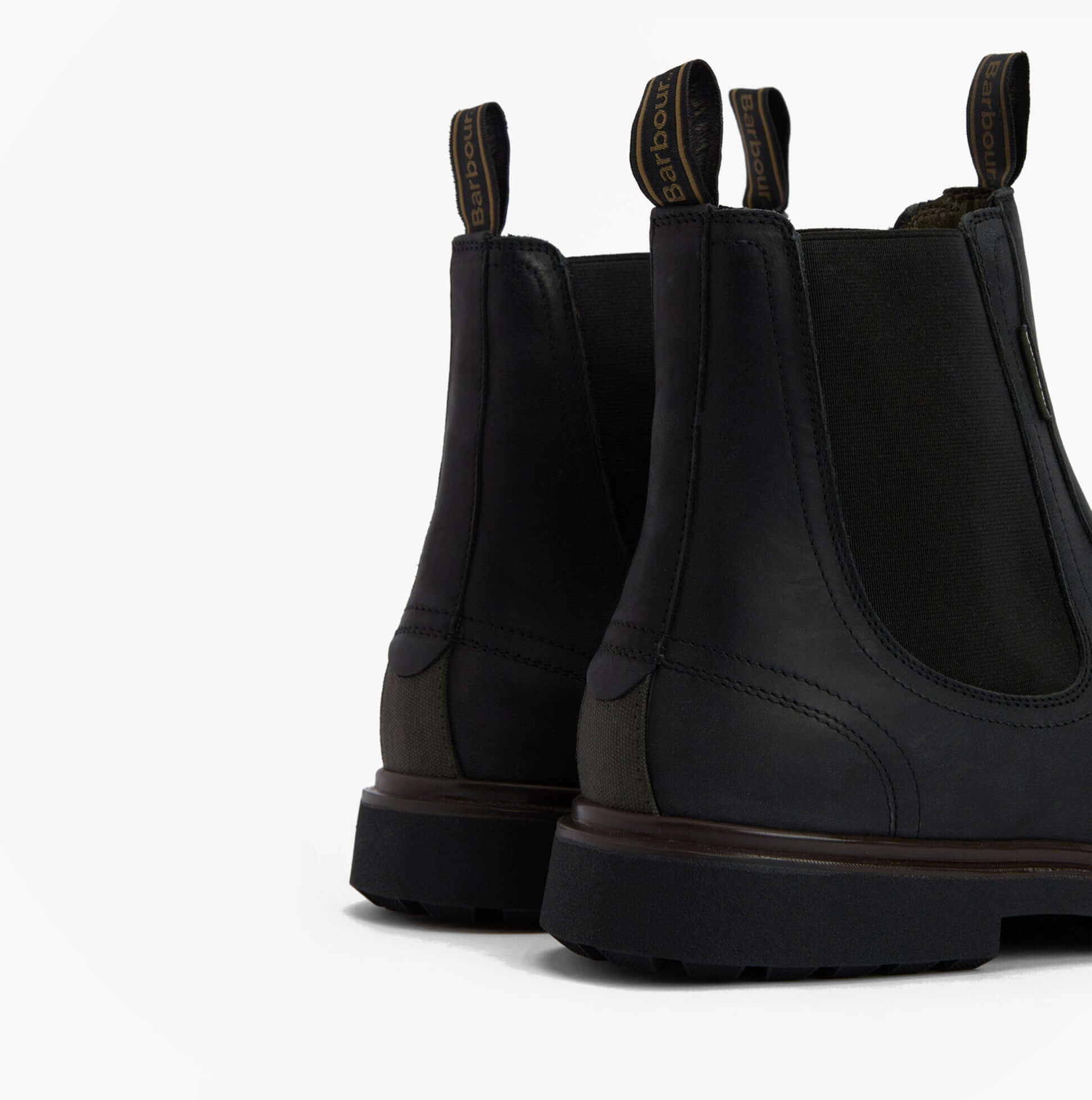 Barbour HALE Mens Chelsea Boots Black rear view showcasing boot details and pull-on design features.