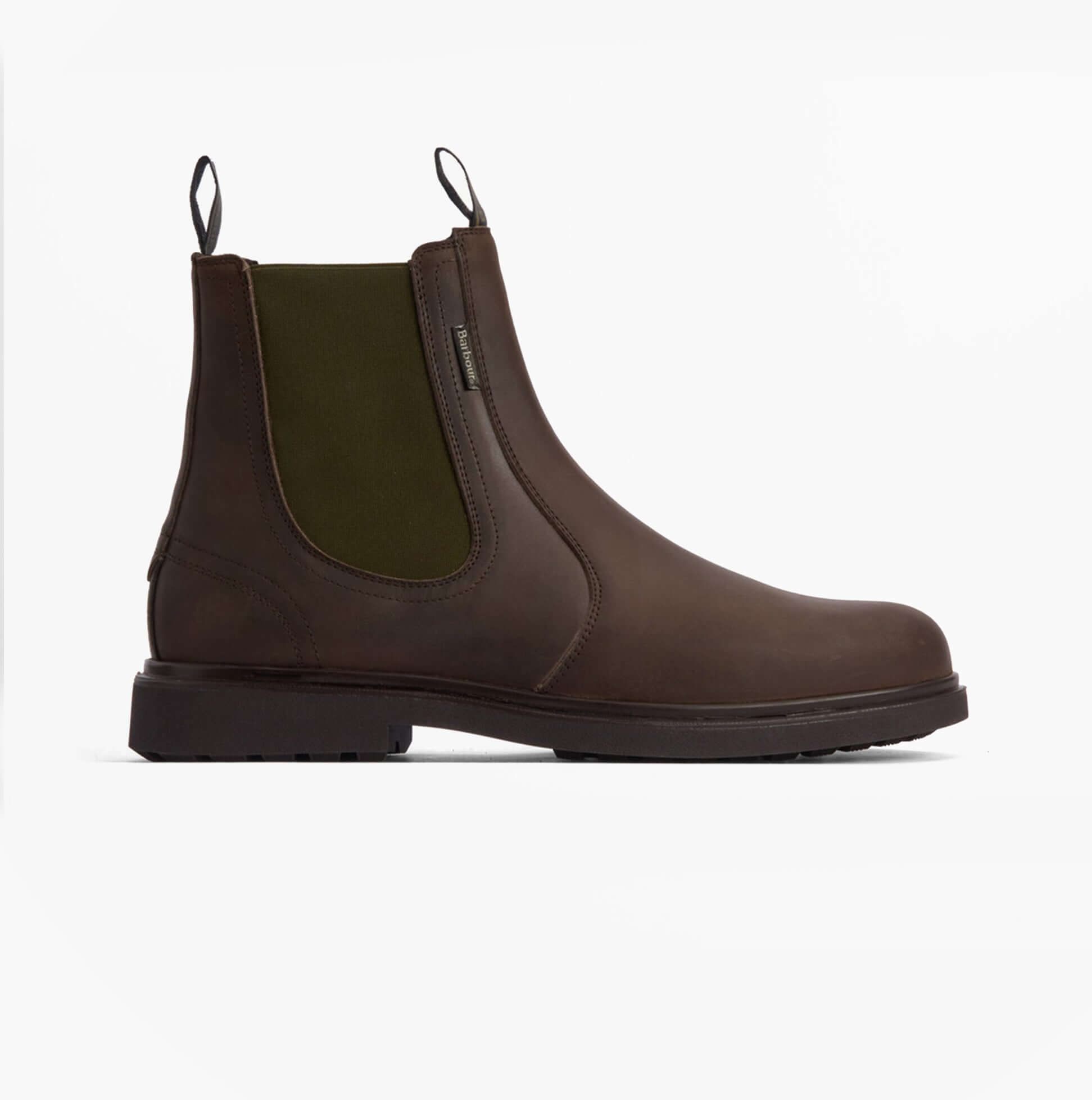 Barbour HALE Mens Chelsea Boots Dark Brown side view showing leather upper and rubber sole.