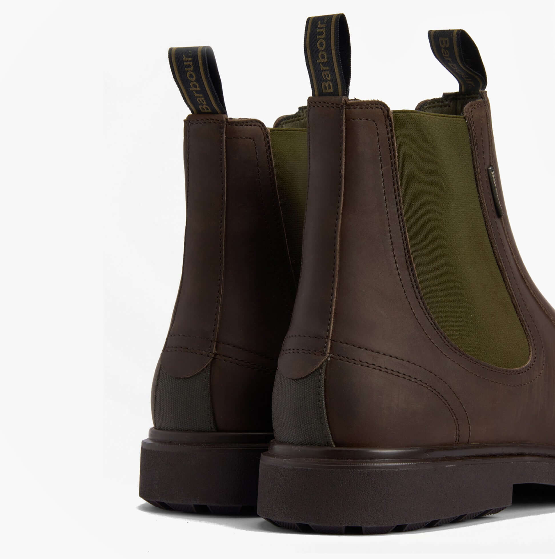 Barbour HALE Mens Chelsea Boots Dark Brown back view showing leather and textile materials.