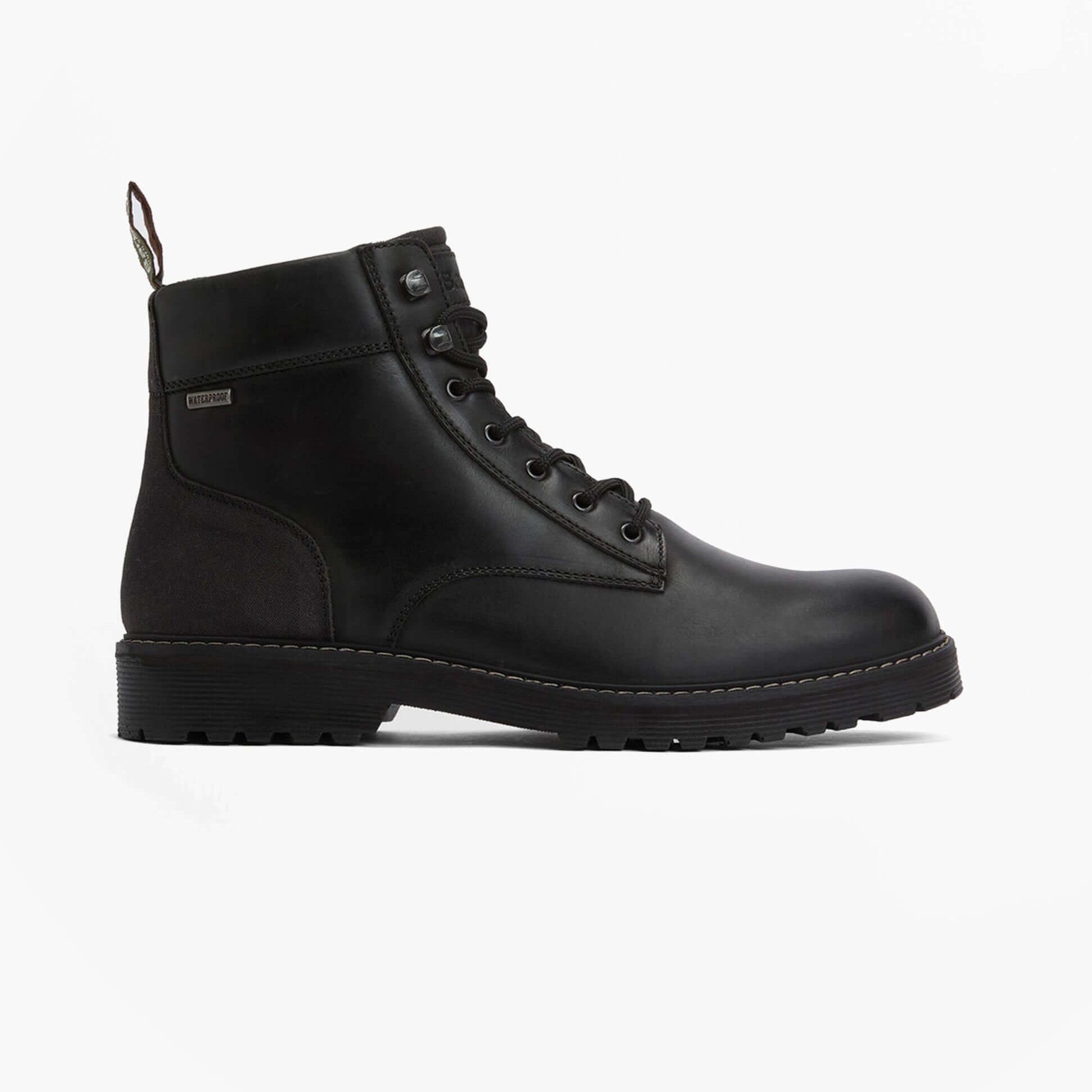 Barbour HARRISON Mens Boots Black side view showcasing combat boot style and leather upper.
