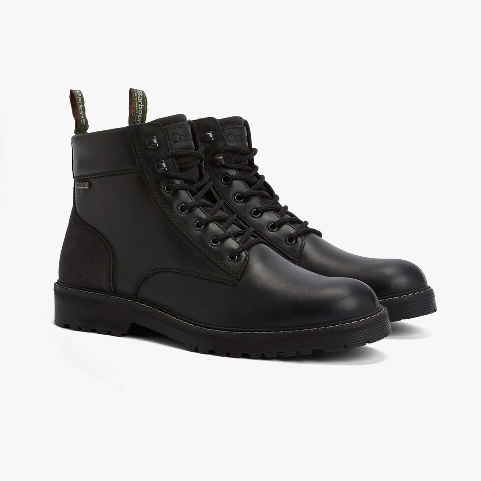 Barbour HARRISON Mens Boots Black side view showing lace-up combat boots with leather upper and rubber sole.