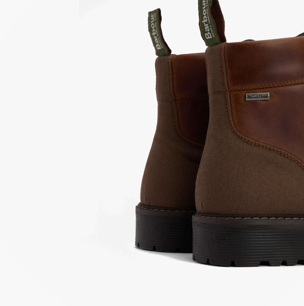 Barbour HARRISON Mens Boots Dark Brown back view showcasing leather upper and rubber sole features.