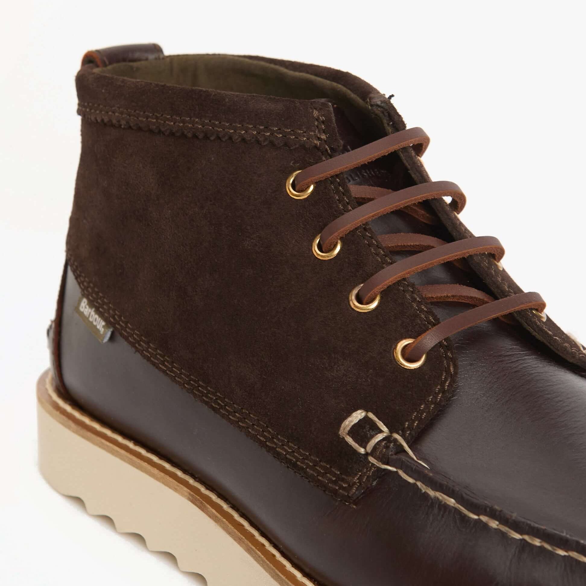 Barbour HADSTON Mens Chukka Boots Dark Brown detail view showcasing lace-up design and mixed leather materials.