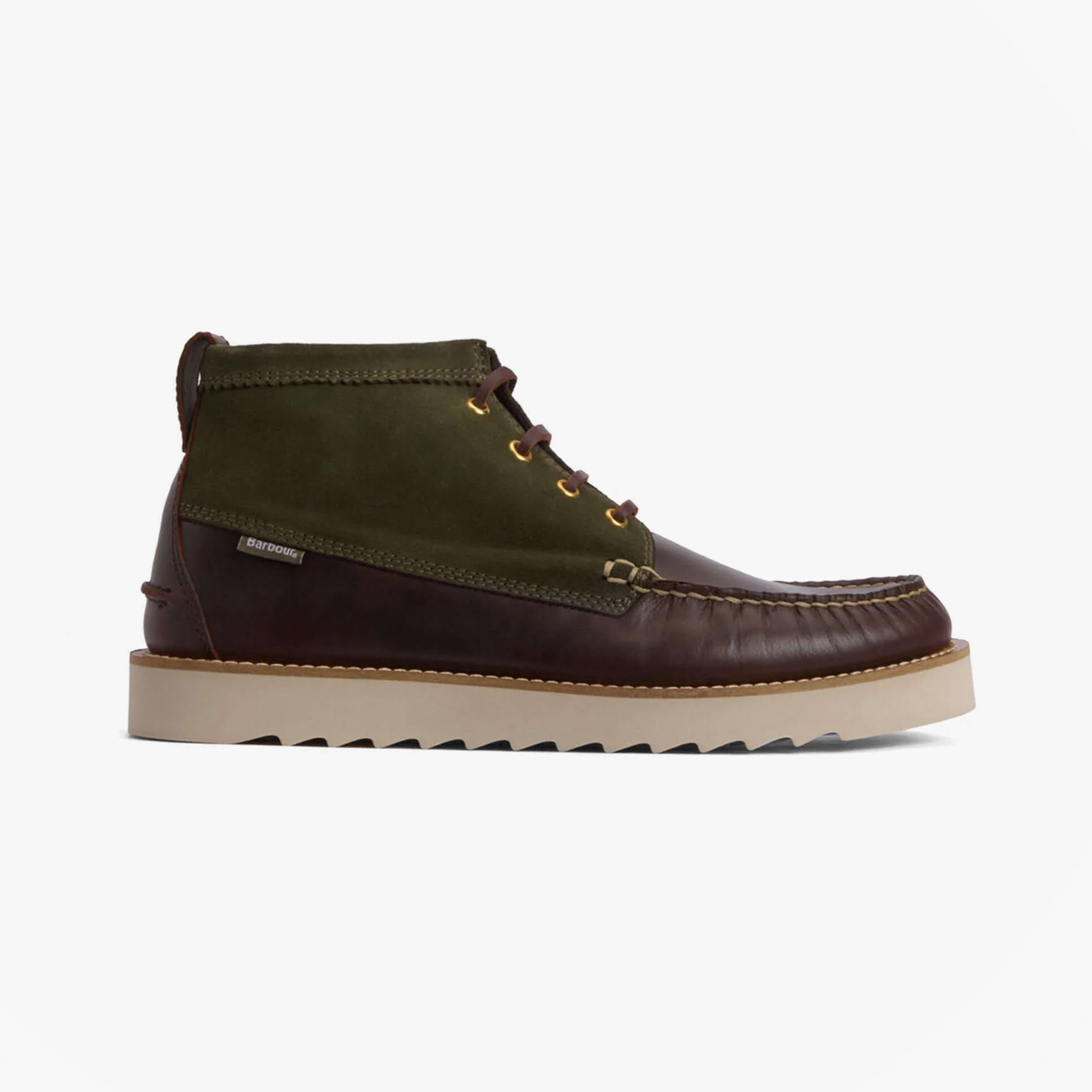 Barbour HADSTON Mens Chukka Boots Olive/Dark Brown side view showcasing leather and suede upper with lace-up closure.