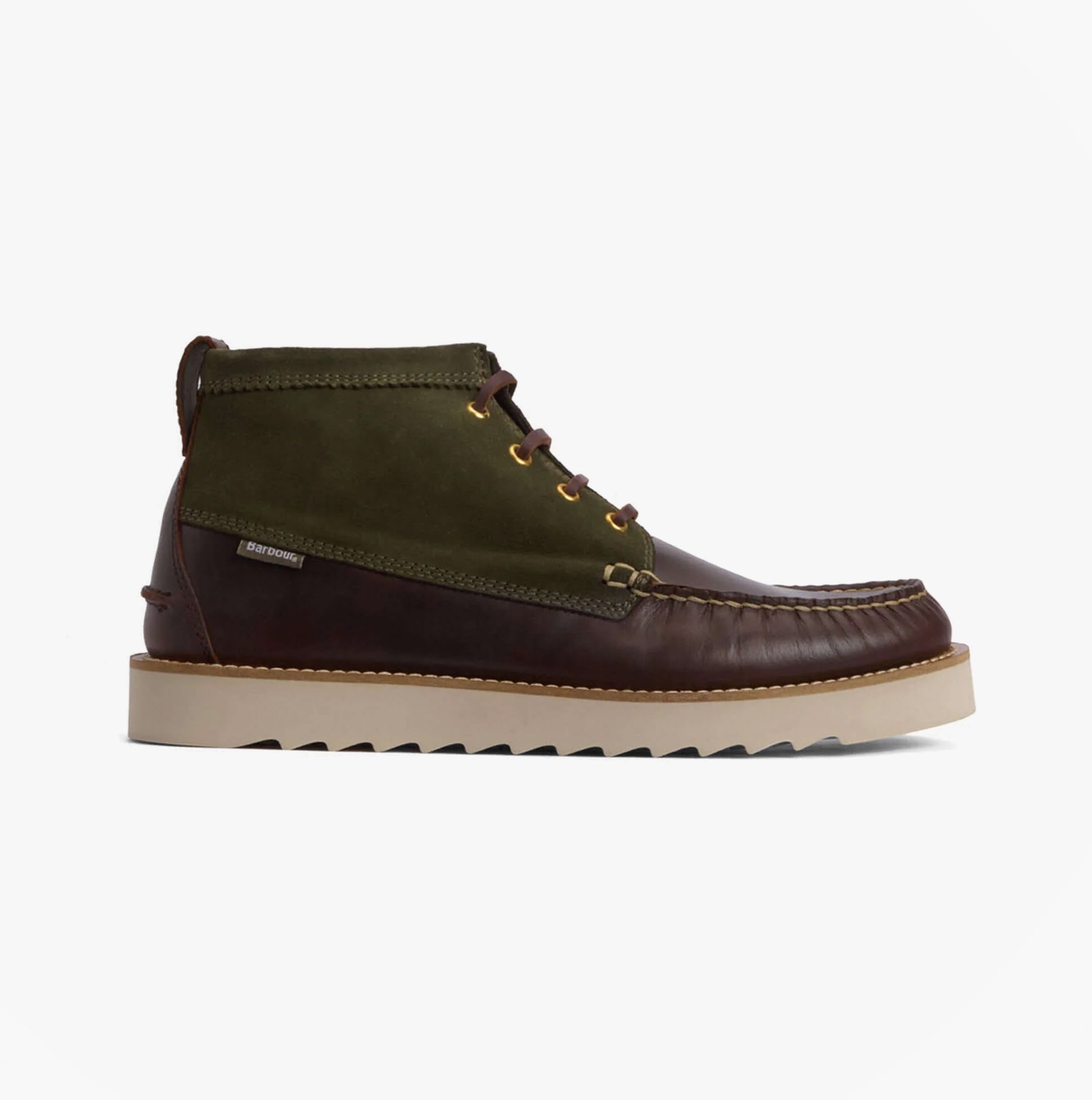 Barbour HADSTON Mens Chukka Boots Olive/Dark Brown side view showcasing leather and suede upper with lace-up closure.