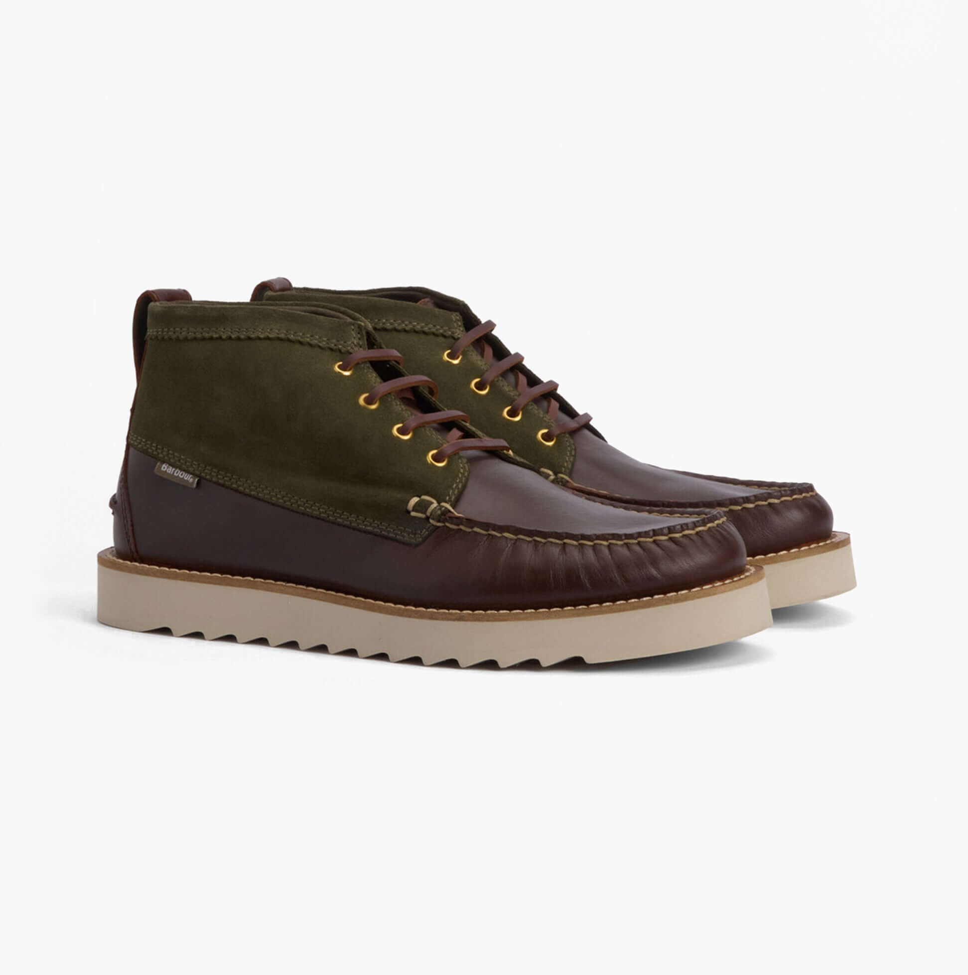 Barbour HADSTON Mens Chukka Boots Olive/Dark Brown side view showcasing leather and suede upper.