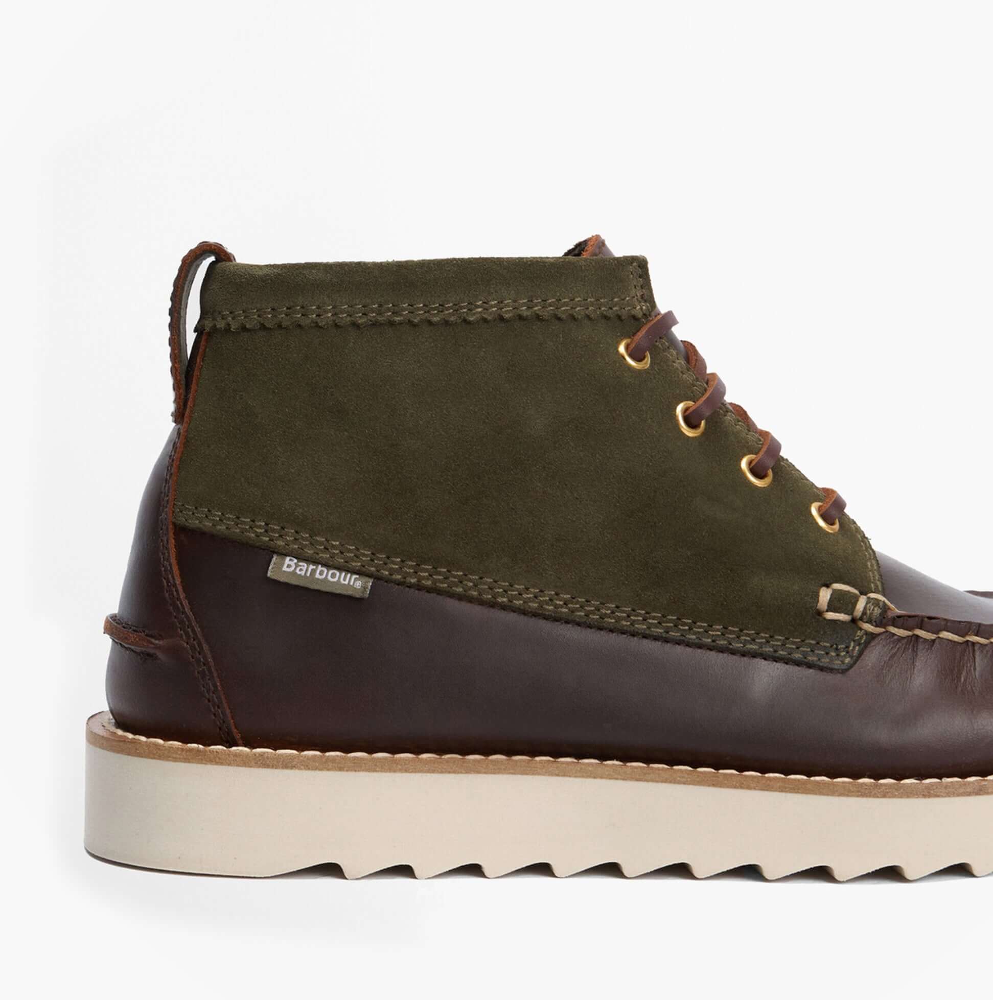 Barbour HADSTON Mens Chukka Boots Olive/Dark Brown side view showcasing leather and suede materials.