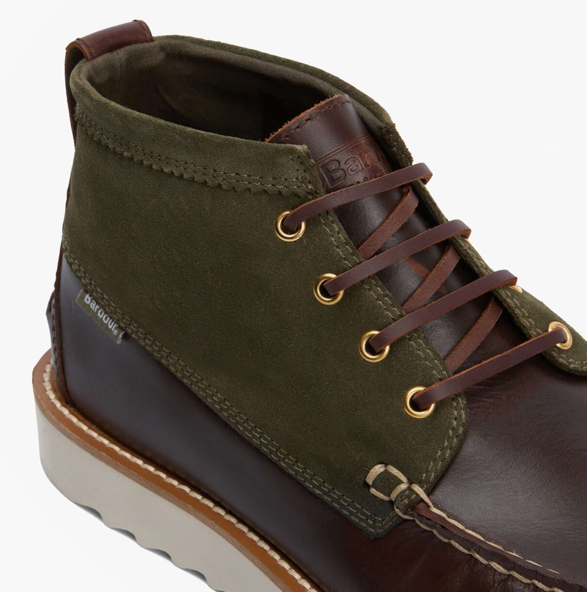 Barbour HADSTON Mens Chukka Boots Olive/Dark Brown side view highlighting leather and suede materials.