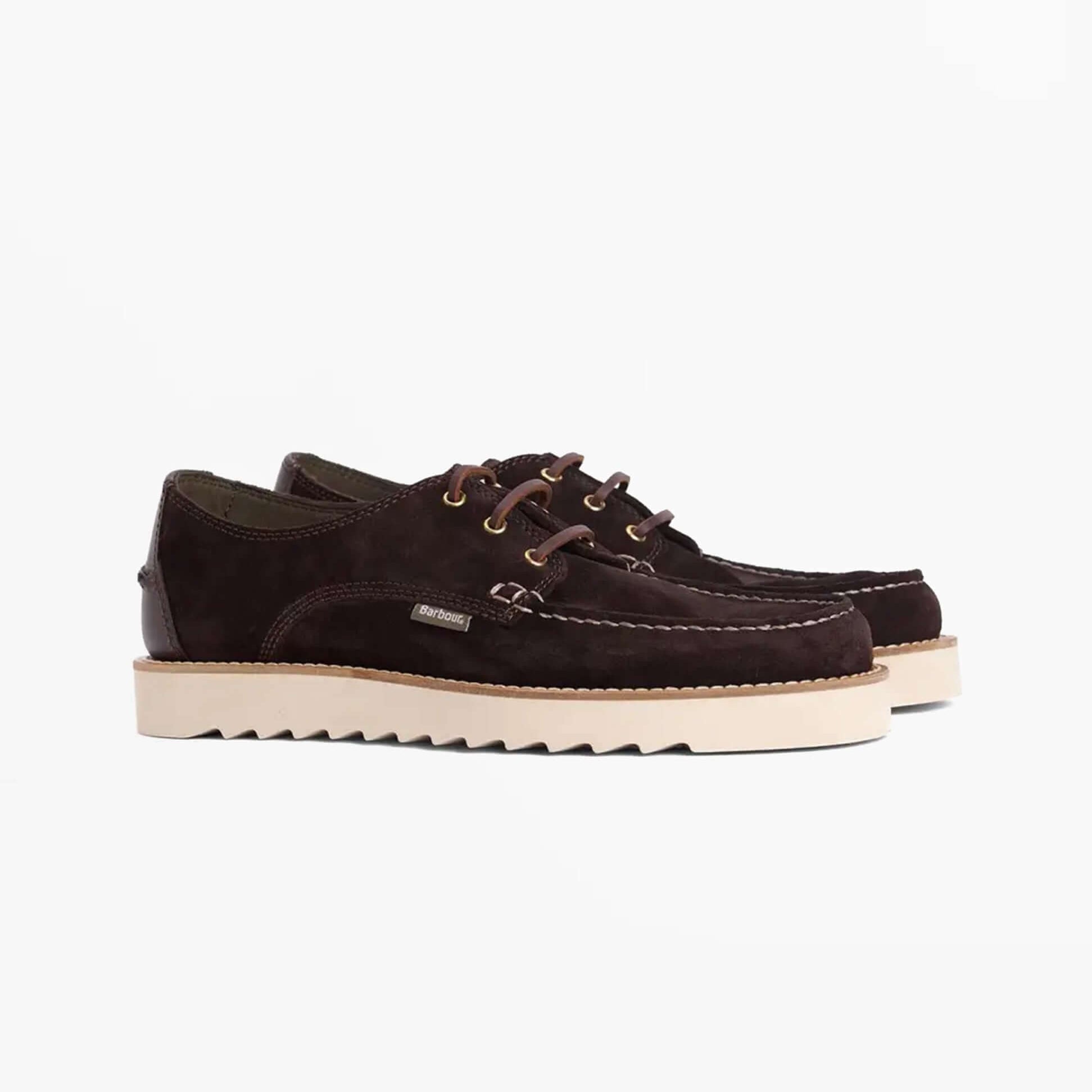 Barbour AYDON Mens Derby Shoes Dark Brown Suede side view showcasing suede upper and lace-up design.