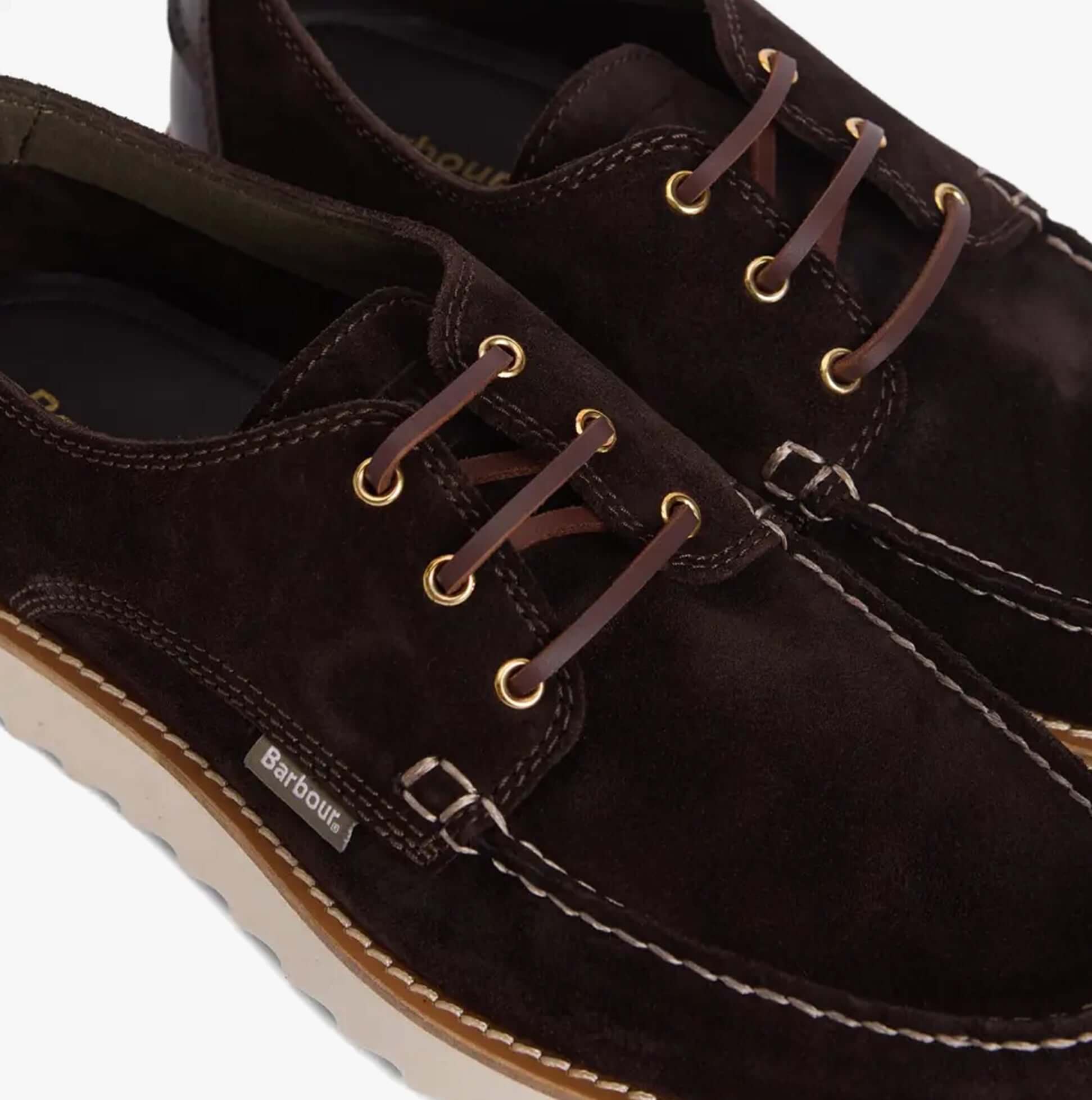 Barbour AYDON Mens Derby Shoes Dark Brown Suede detail view showing lace-up closure and suede upper.