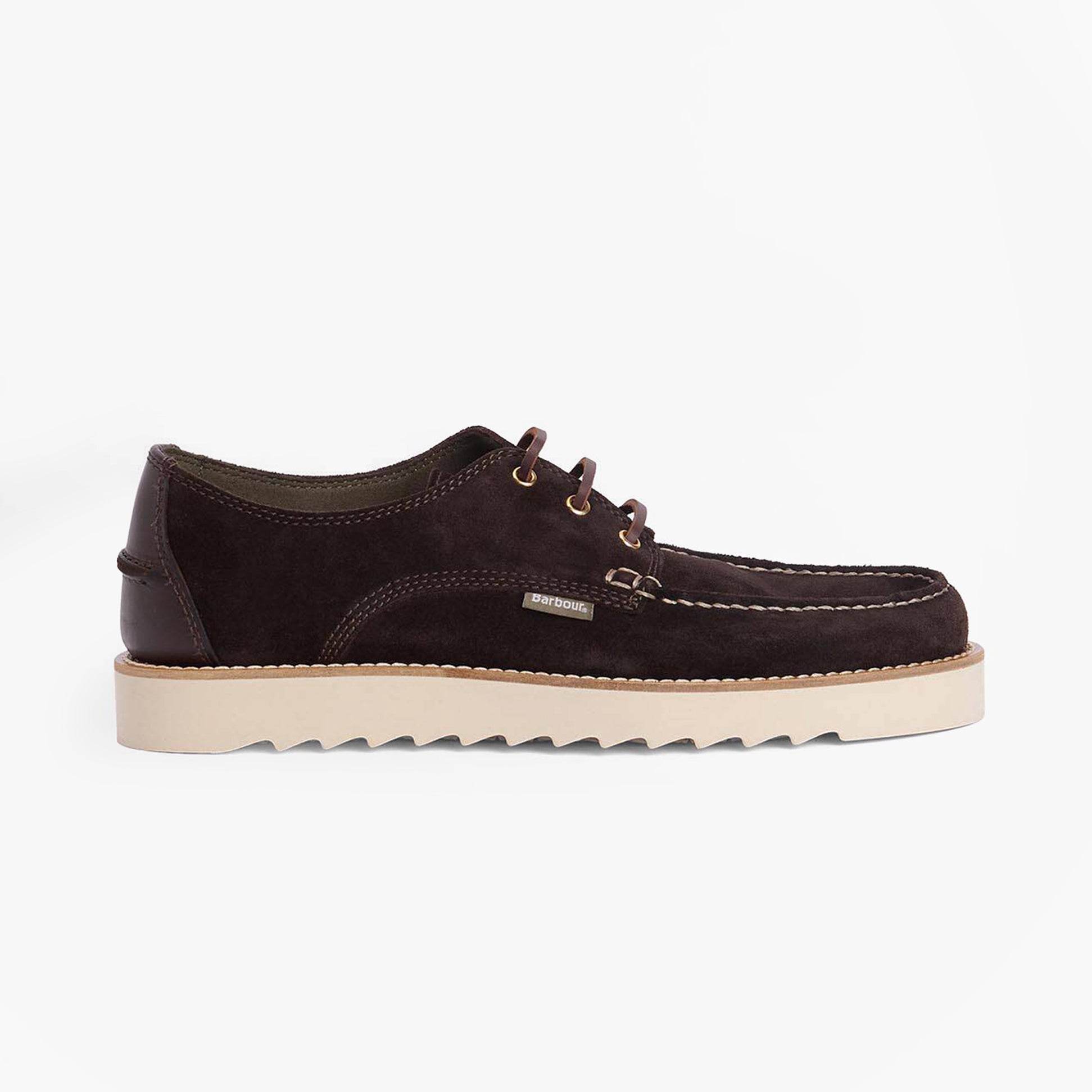Barbour AYDON Mens Derby Shoes Dark Brown Suede side view featuring lace-up closure and comfortable EVA sole.