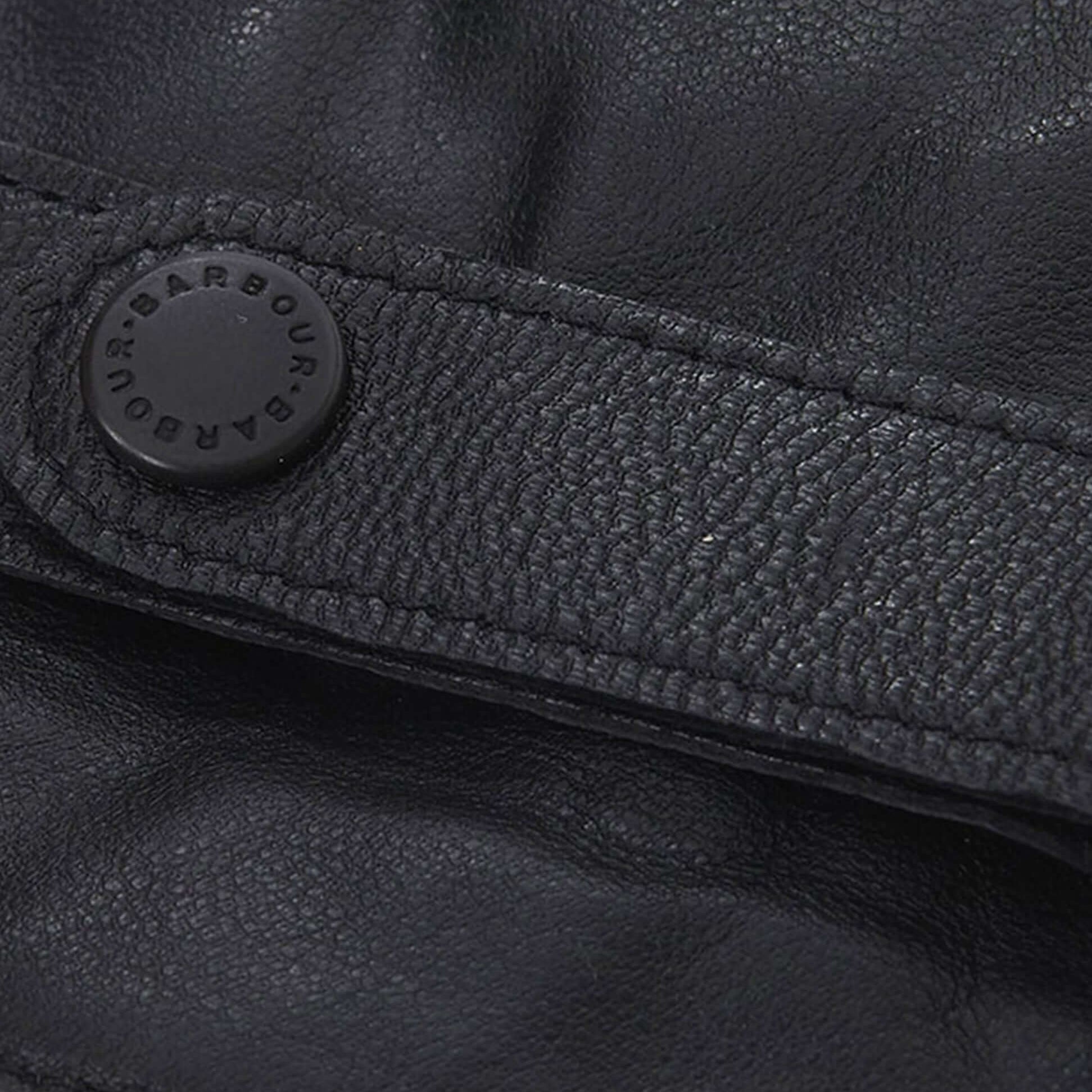 Barbour BURNISHED LEATHER THINSULATE Mens Gloves Black detail view of leather texture and button