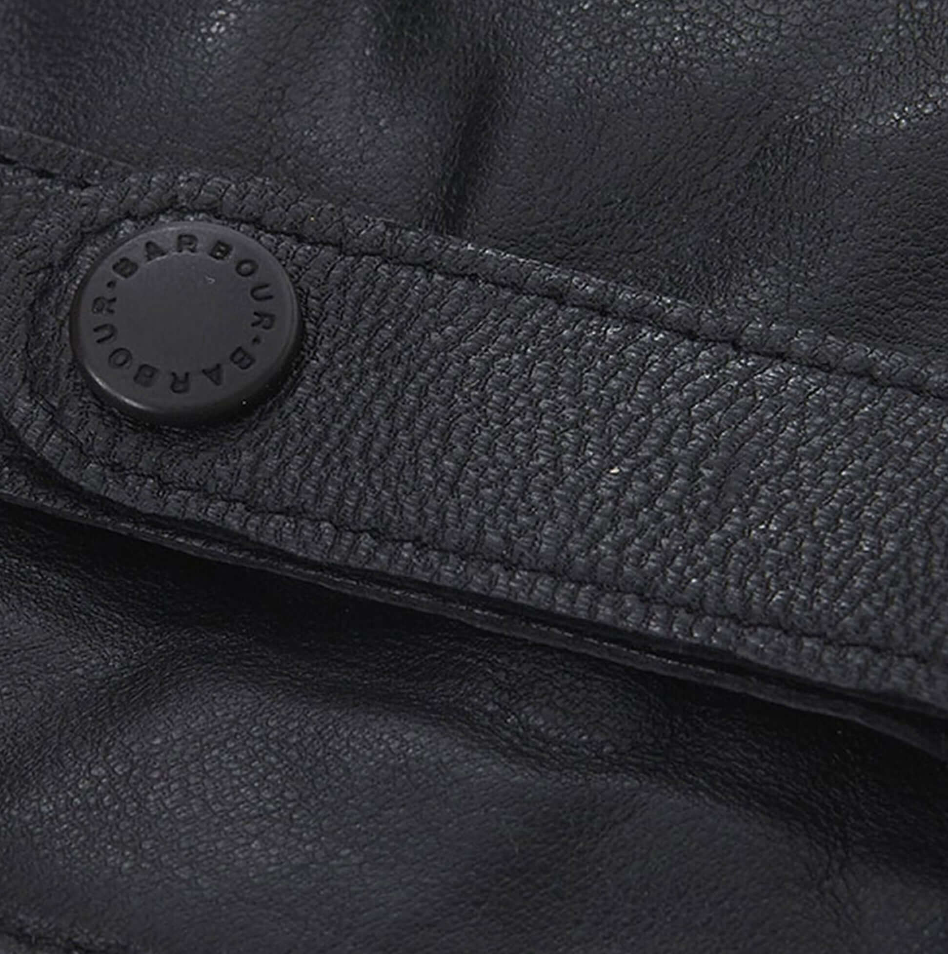 Barbour BURNISHED LEATHER THINSULATE Mens Gloves Black detail view of leather texture and button