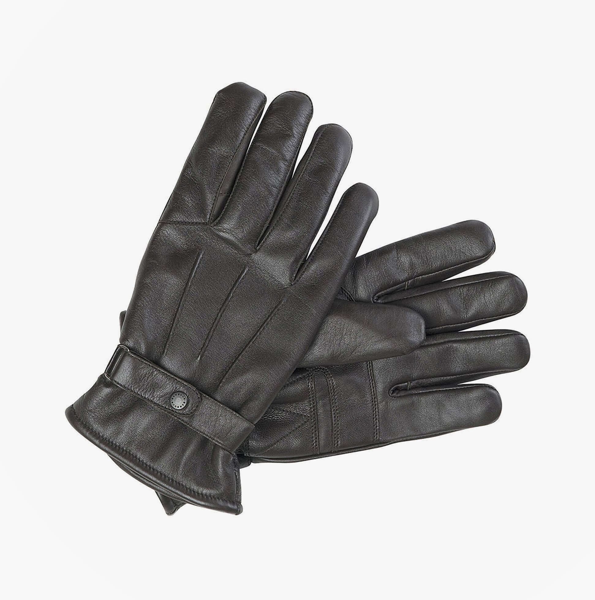 Barbour BURNISHED LEATHER THINSULATE Mens Gloves Dark Brown top view showcasing soft leather and detailed stitching design.