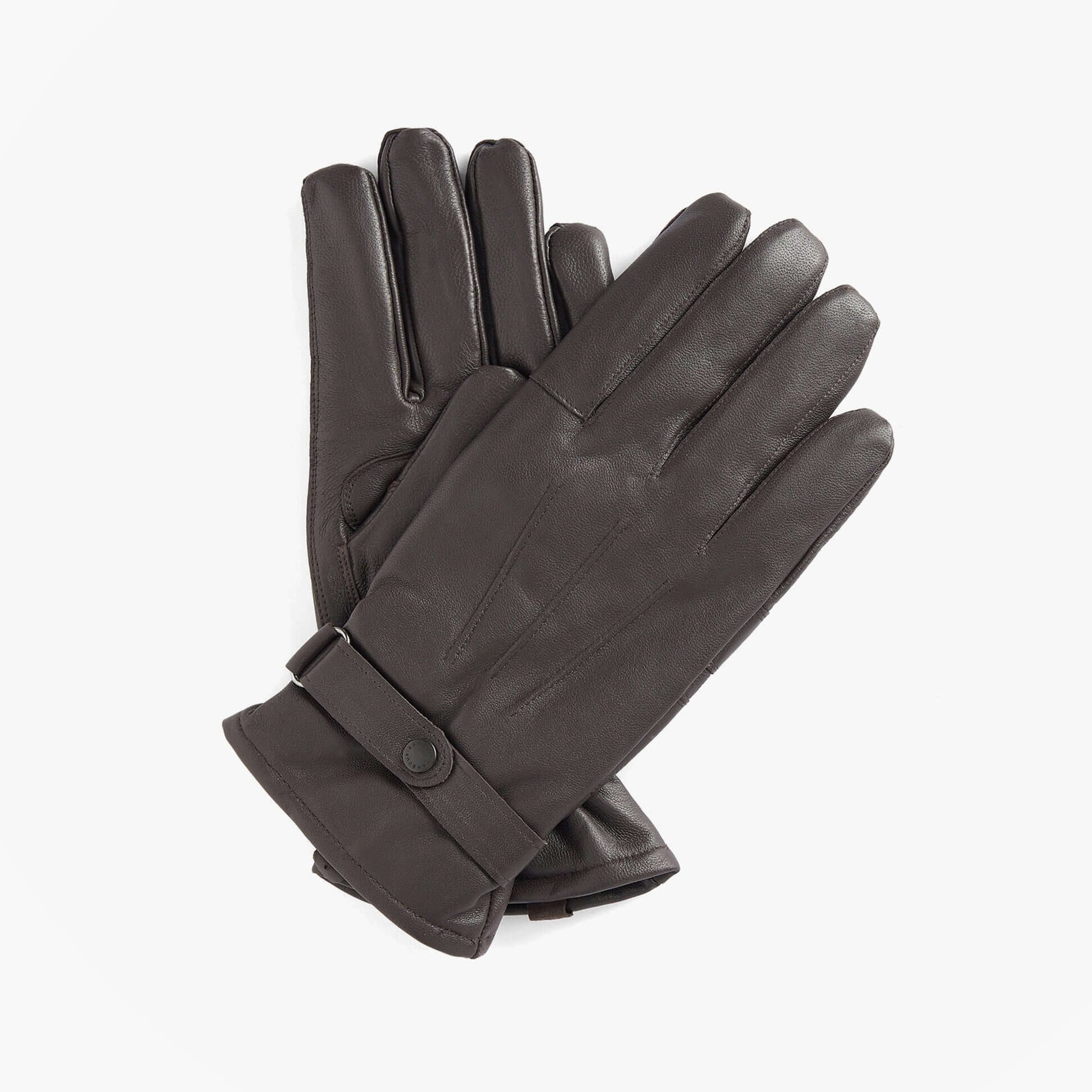 Barbour BURNISHED LEATHER THINSULATE Mens Gloves Dark Brown top view showcasing the stylish design and leather texture.
