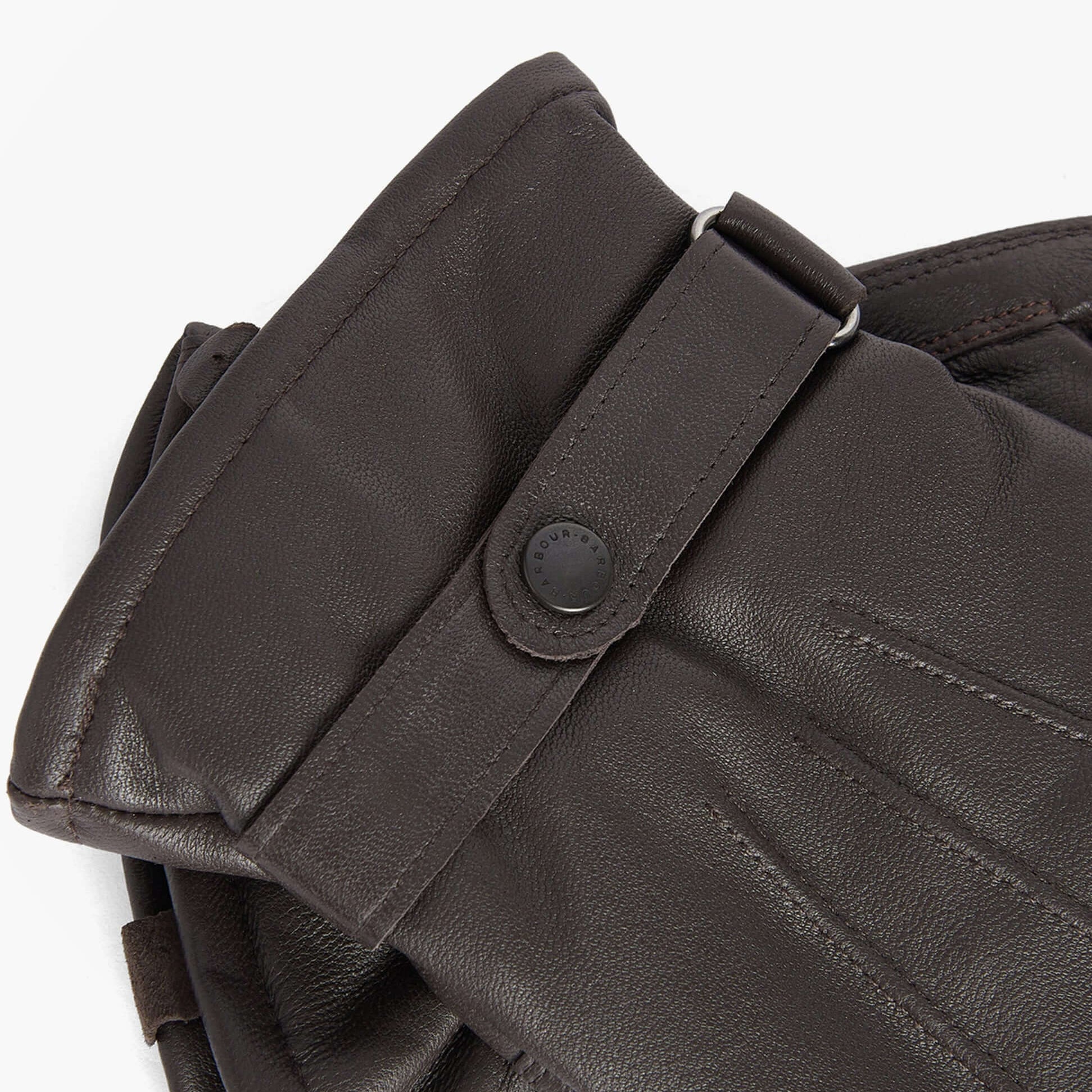 Barbour BURNISHED LEATHER THINSULATE Mens Gloves Dark Brown detail view showing leather texture and strap.