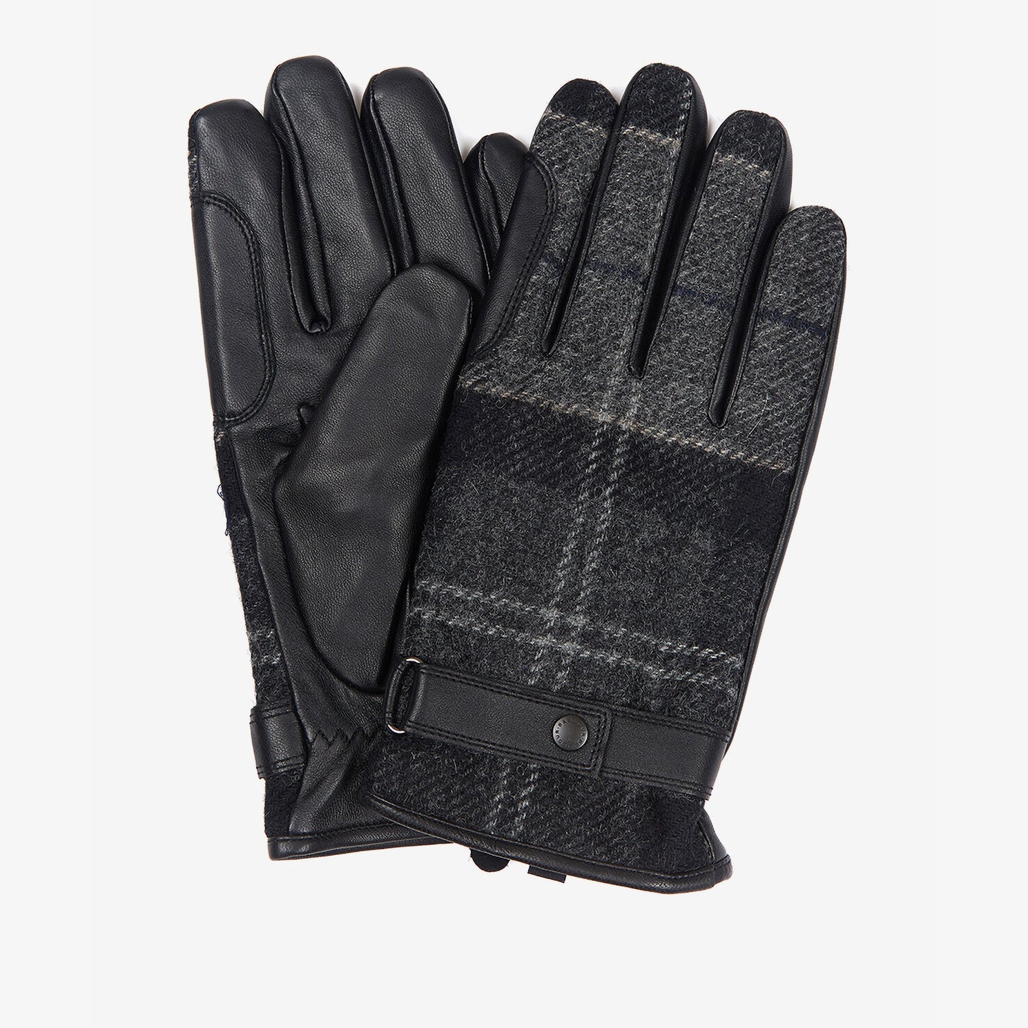 Barbour NEWBROUGH TARTAN GLOVES Mens Black/Grey front view showcasing leather and tartan design.