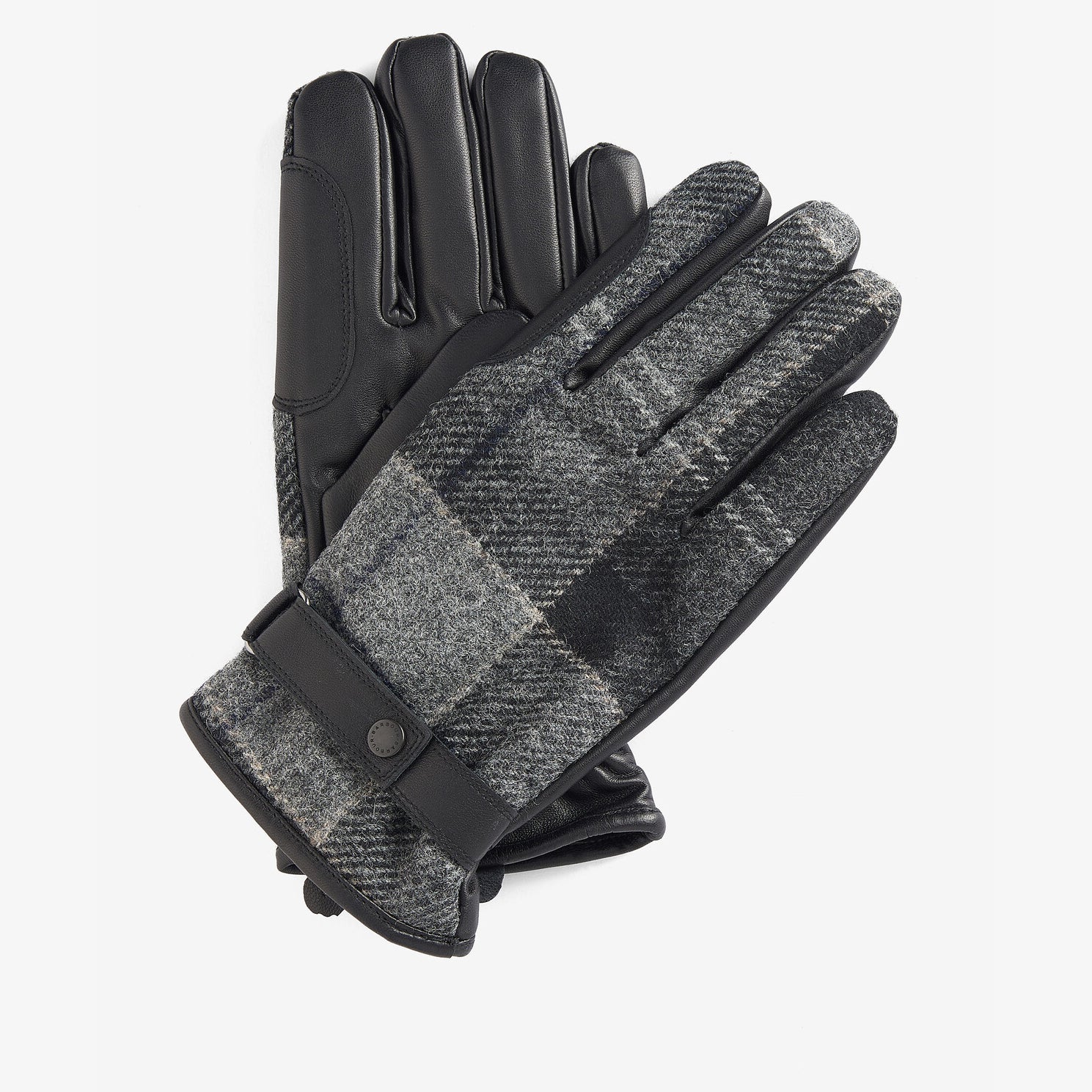 Barbour NEWBROUGH TARTAN GLOVES Mens Black/Grey top view showing leather and tartan design, waterproof gloves.