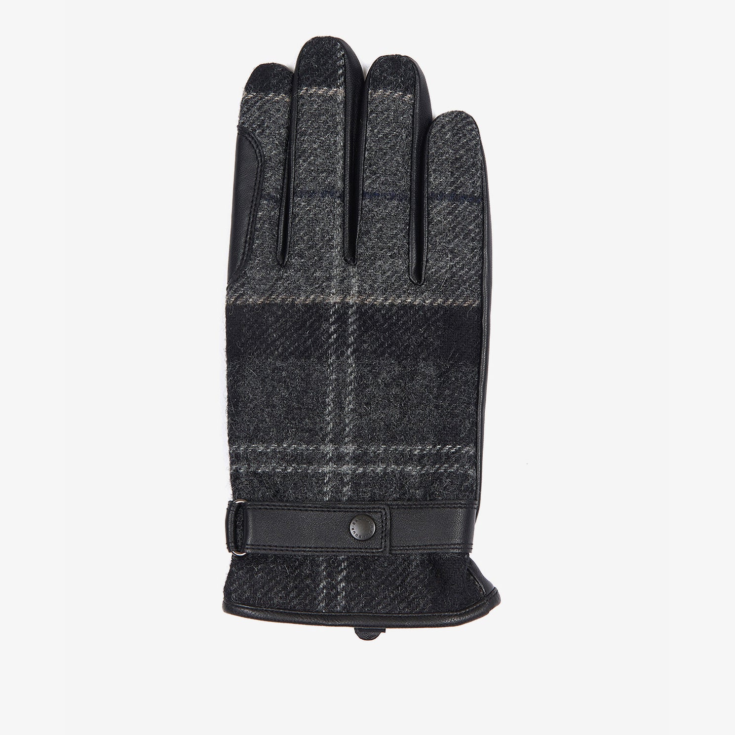 Barbour NEWBROUGH TARTAN GLOVES Mens Black/Grey front view featuring leather and tartan design.