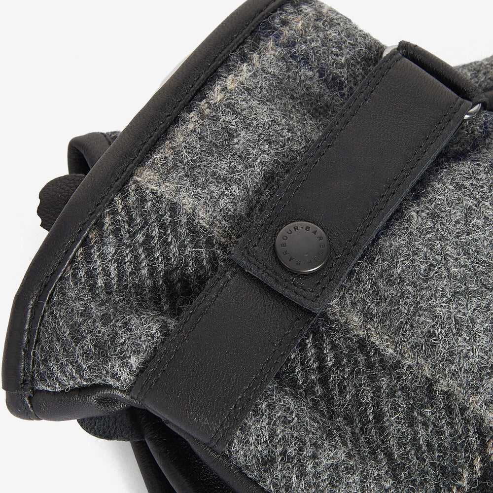 Barbour NEWBROUGH TARTAN GLOVES Mens Black/Grey detail view showcasing leather and tartan materials with stud-fastening strap.