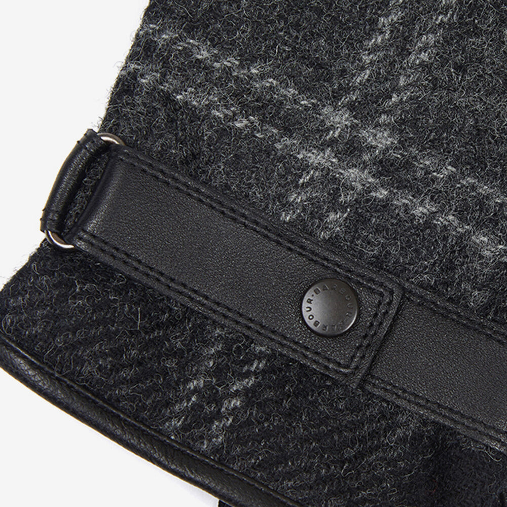 Barbour NEWBROUGH TARTAN GLOVES Mens Black/Grey detail view showcasing leather strap and tartan fabric.