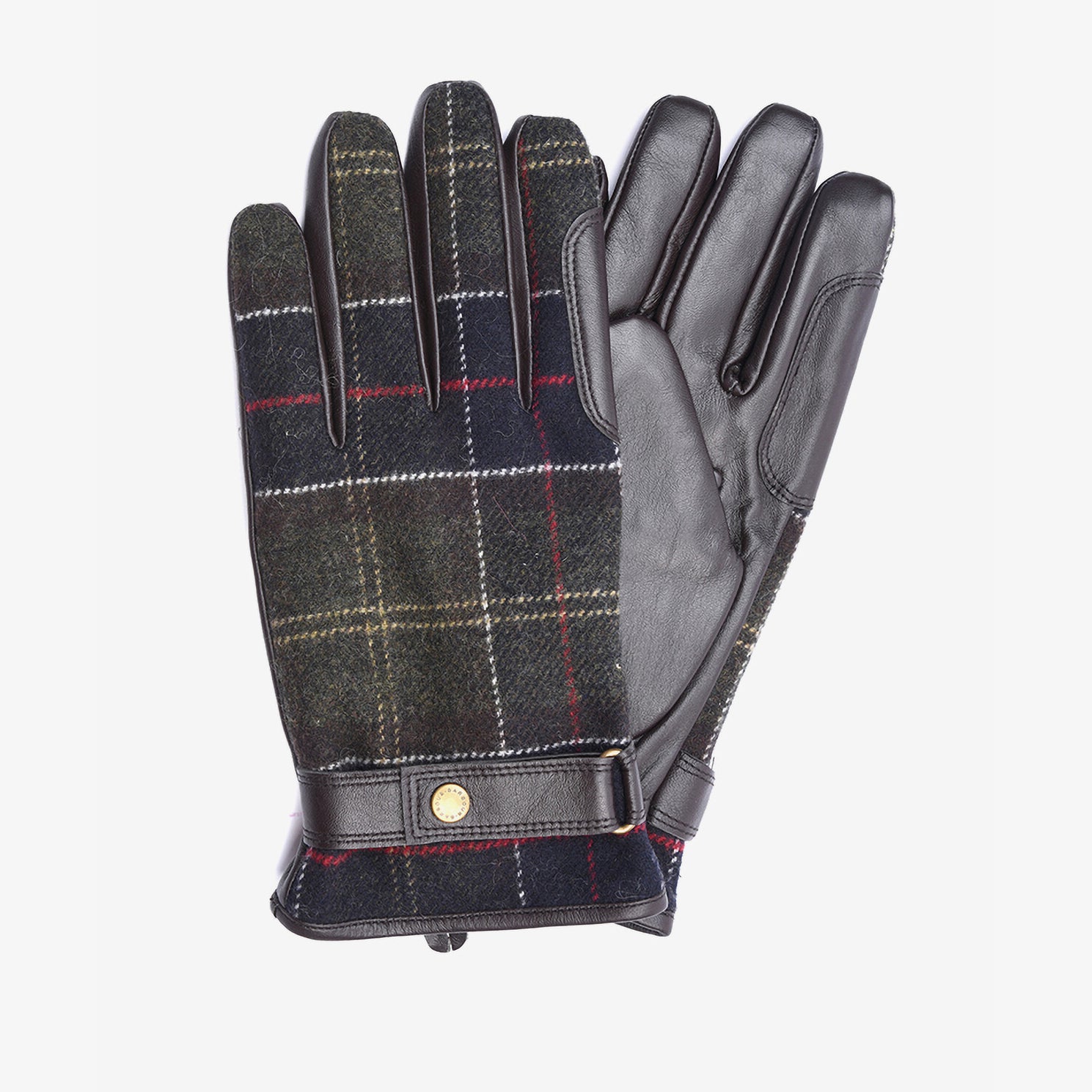 Barbour NEWBROUGH TARTAN GLOVES Mens Classic front view showing leather and wool blend fabric with stud-fastening strap.