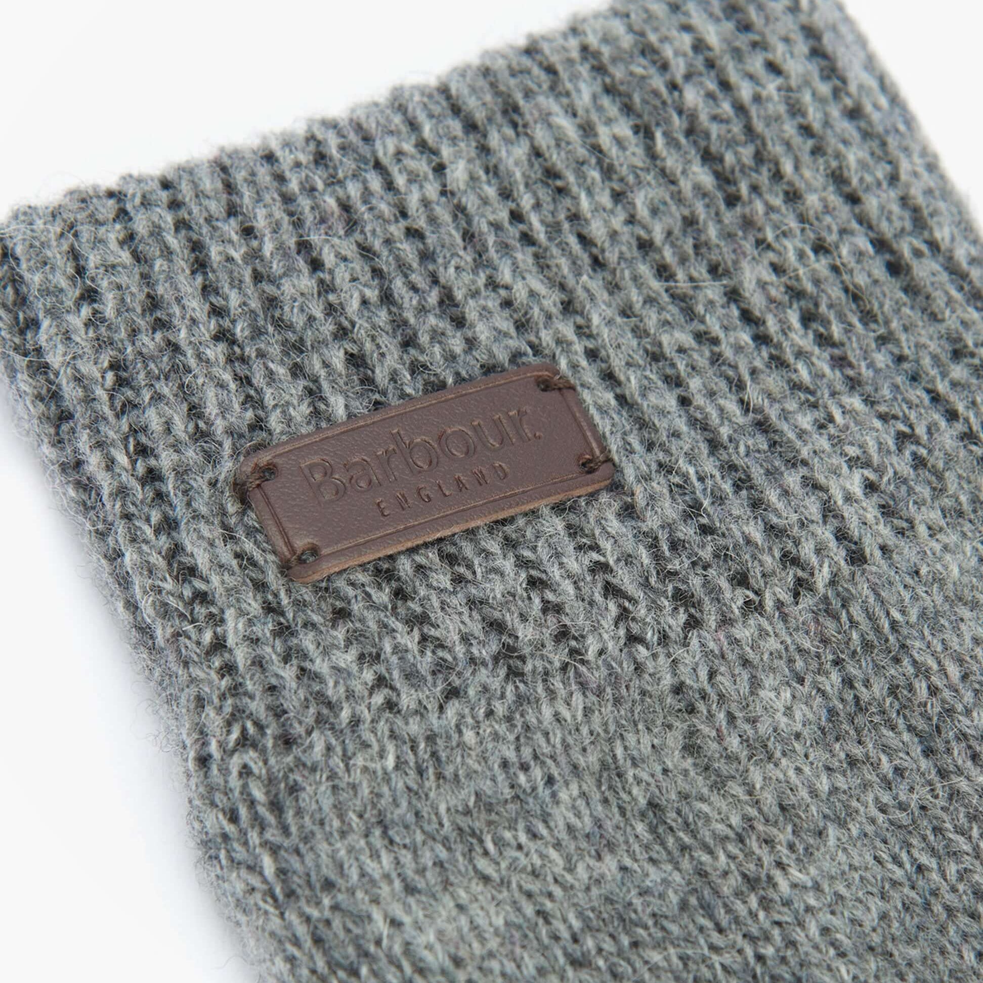 Barbour CARLTON Mens Wool Gloves Grey close-up detail view showing logo and texture of wool fabric.