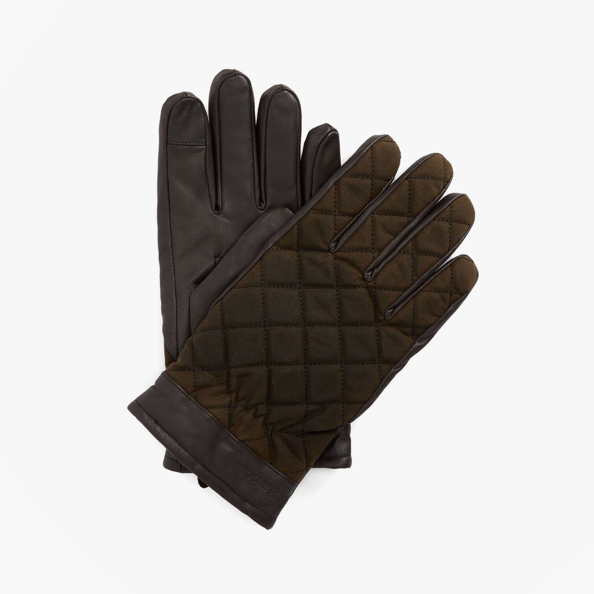 Barbour DALEGARTH Mens Gloves Olive/Brown detail view, showcasing quilted cotton and leather material.