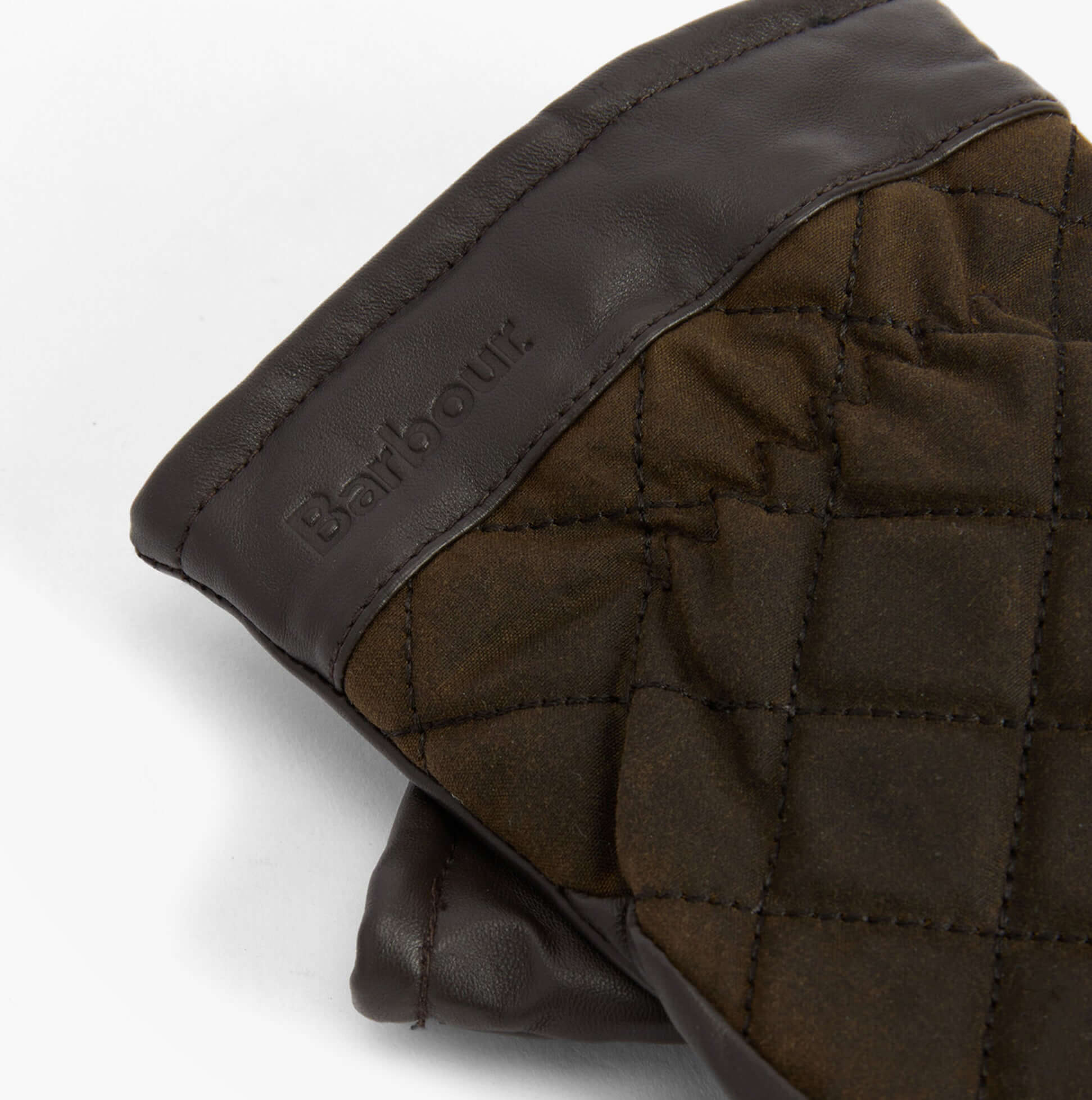 Barbour DALEGARTH Mens Gloves Olive/Brown detail view showing the quilted lining and leather trim.