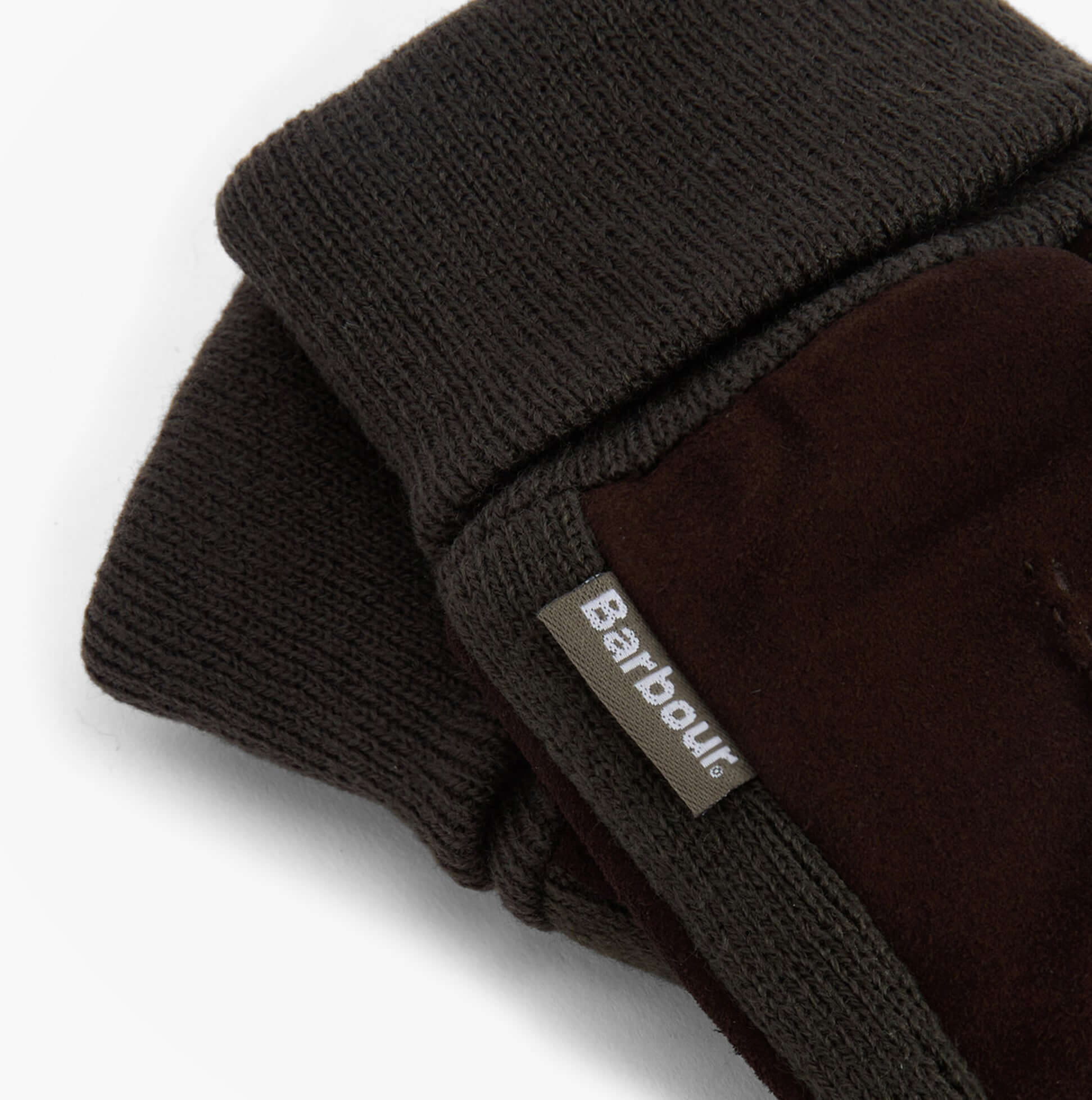 Barbour MAGNUS GLOVE Mens Gloves Brown/Olive detail view showing leather and knit materials with logo
