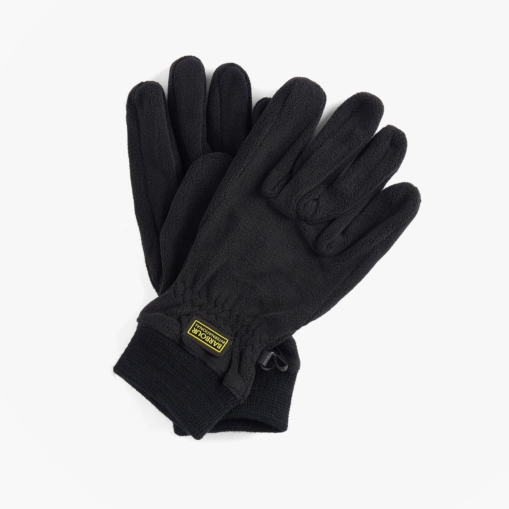 Barbour AXLE FLEECE GLOVES Mens Black top view showcasing gloves with elasticated details and ribbed cuffs.