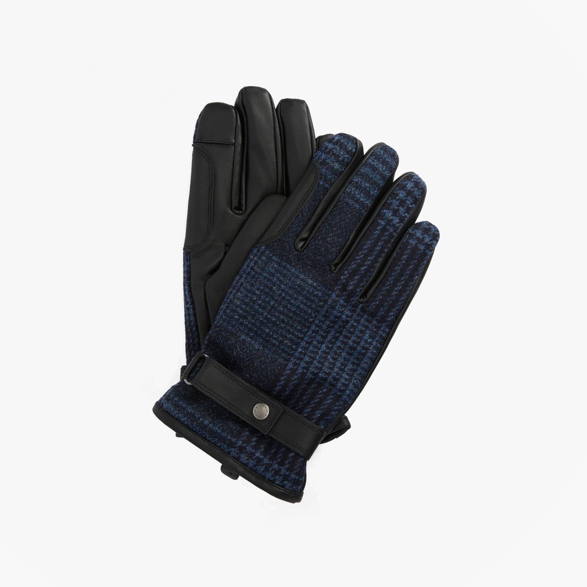 Barbour DEVERON TWEED WATERPROOF Mens Gloves Navy top view showcasing tweed and leather details.