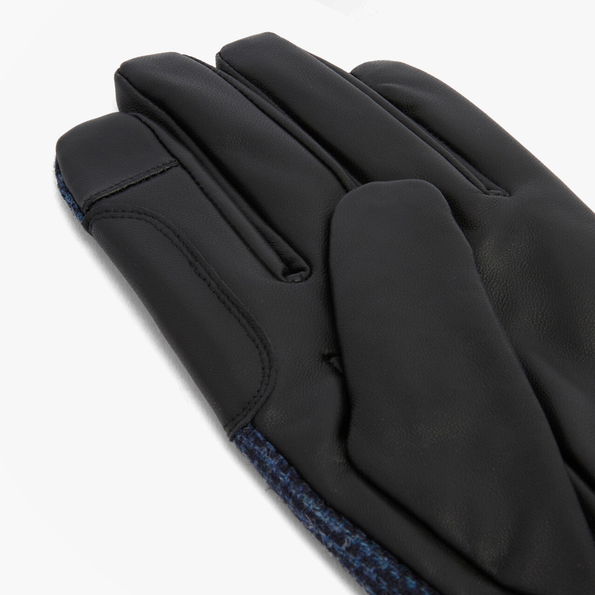 Barbour DEVERON TWEED WATERPROOF Mens Gloves Navy detail view showing leather and tweed design.